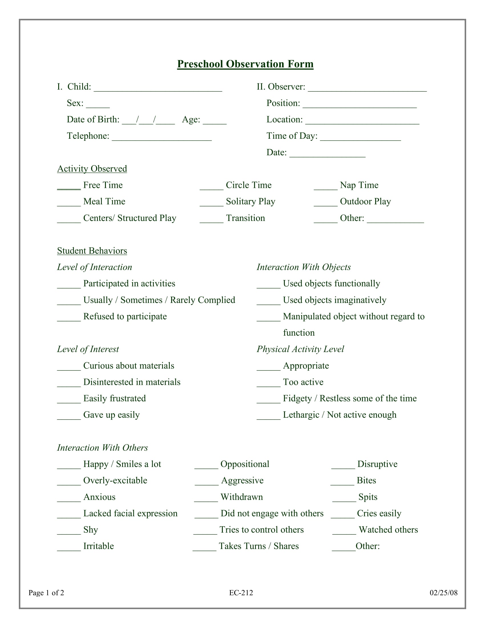 preschool observation form sample 1