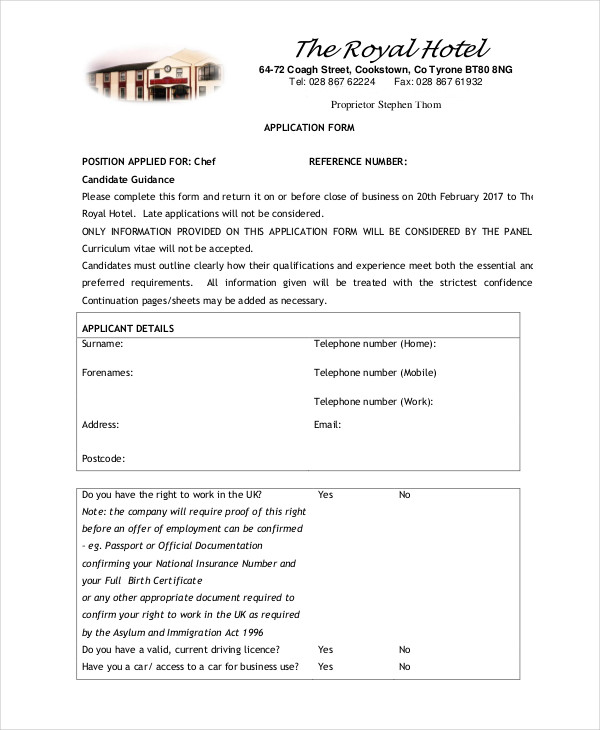 restaurant chef application form