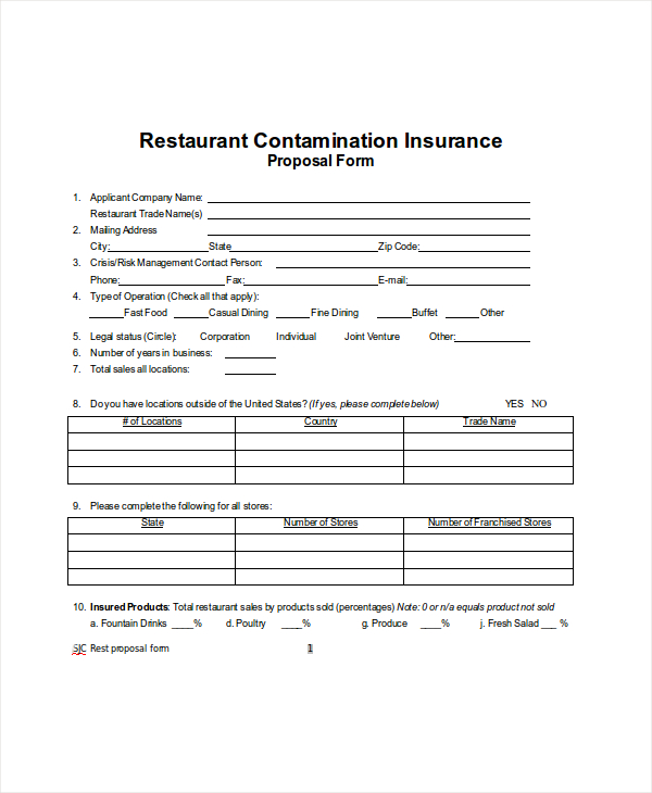 restaurant contamination proposal form