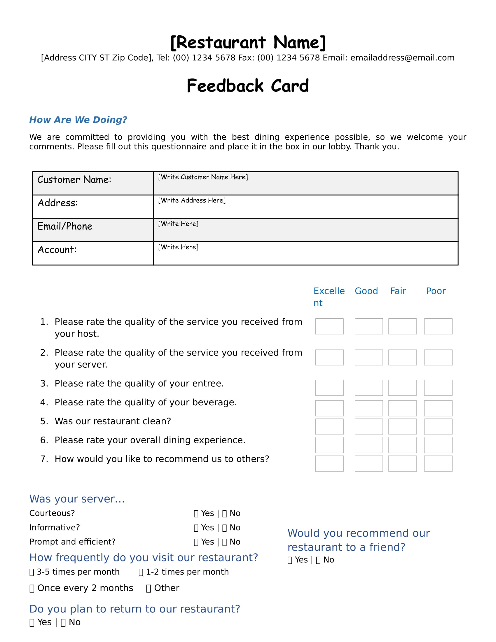 restaurant customer feedback form 1
