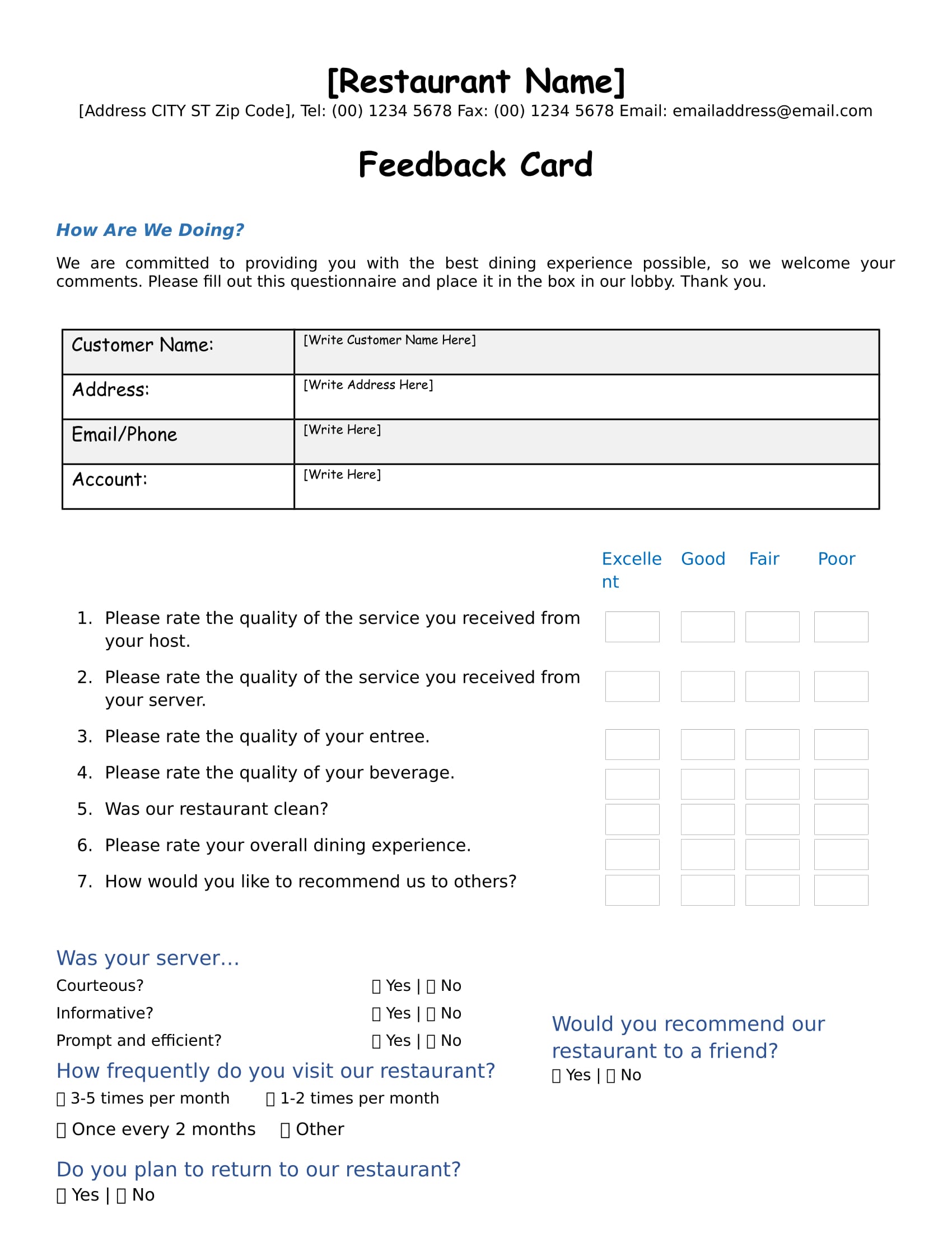 Restaurant Customer Feedback Form Template Free Printable Templates