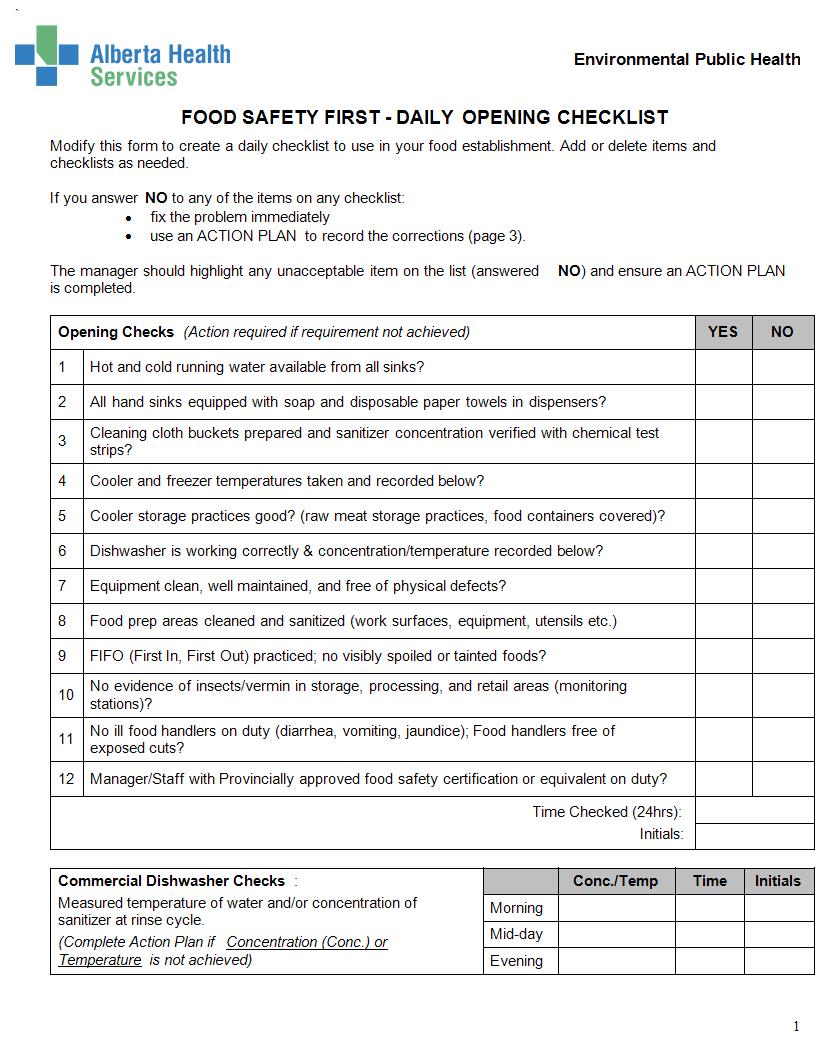 Kitchen Opening And Closing Checklist Template