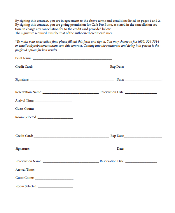 restaurant dining contract form