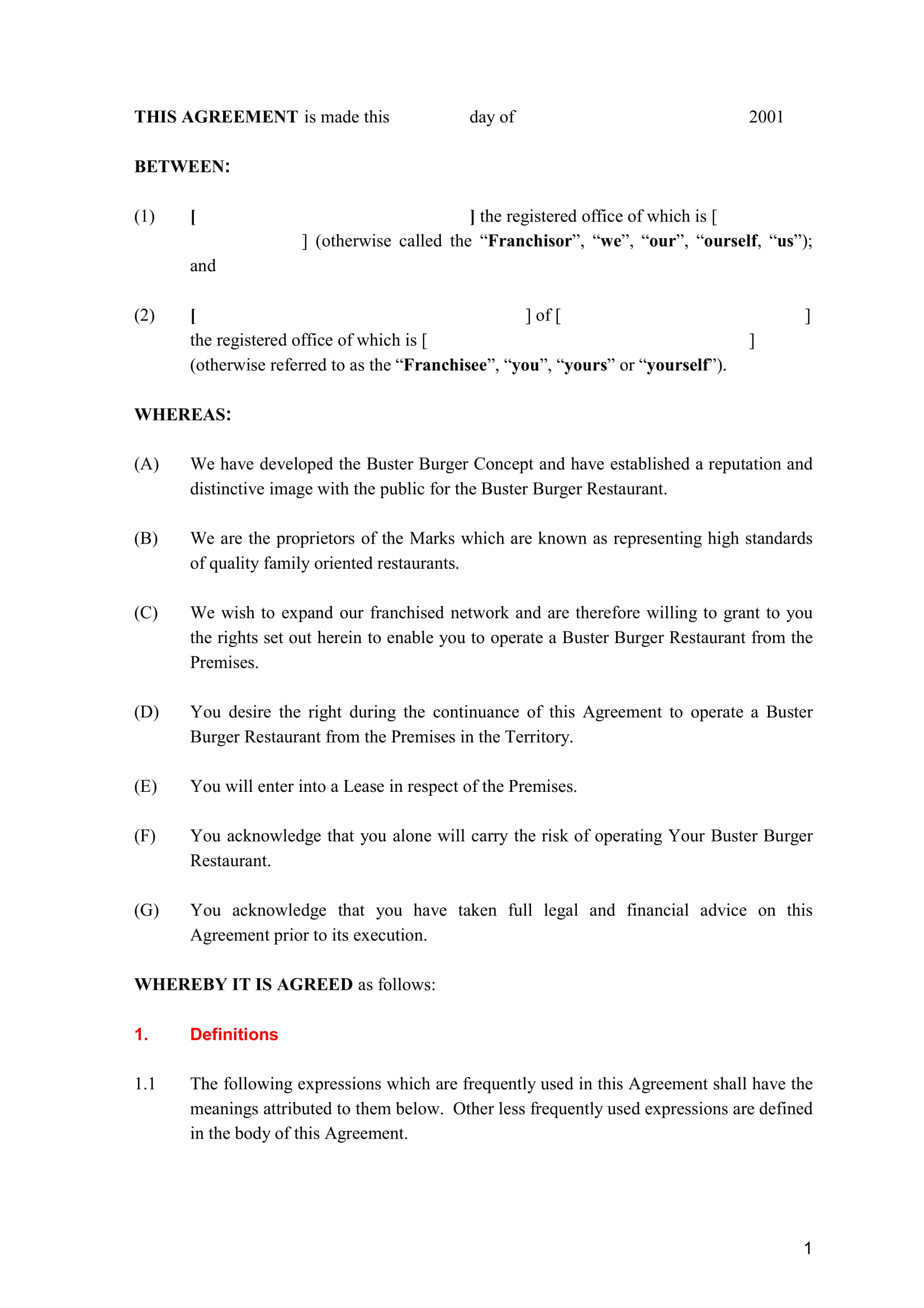 restaurant franchise agreement form 05