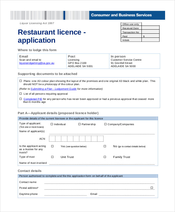 restaurant license application form