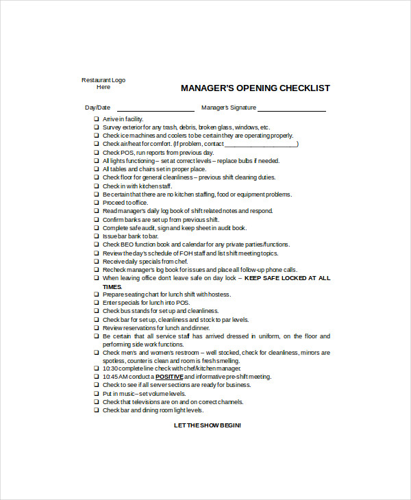 restaurant managers opening checklist