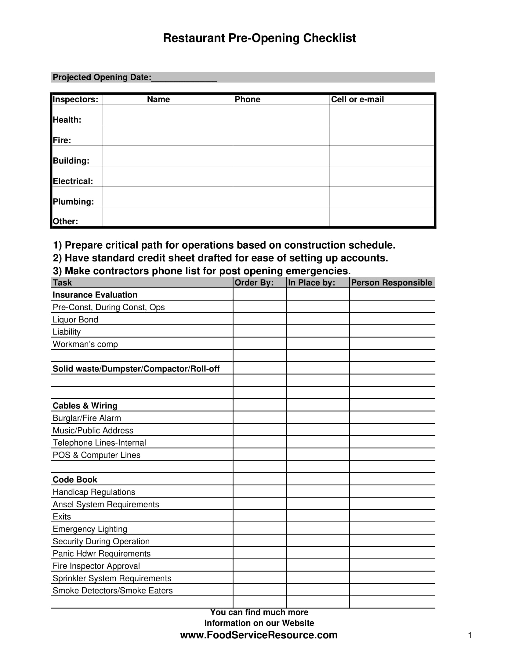 restaurant pre opening checklist form 01