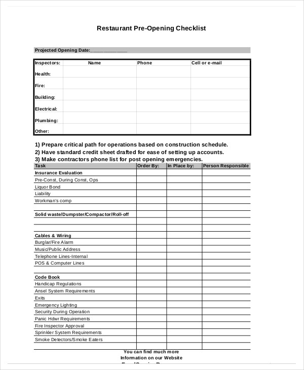 FREE 6+ Sample Restaurant Checklist Forms in PDF