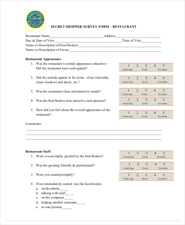 restaurant shopper secrect survey form