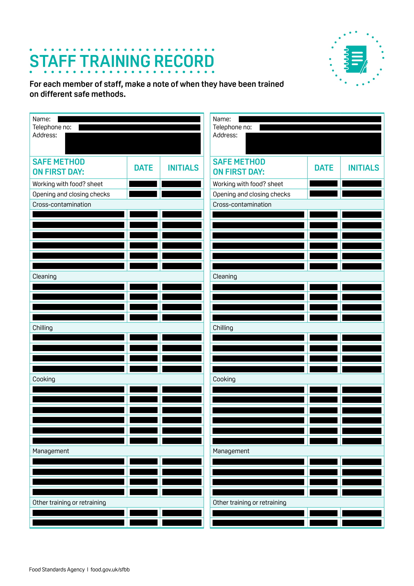 Food Standards Agency Staff Training Record