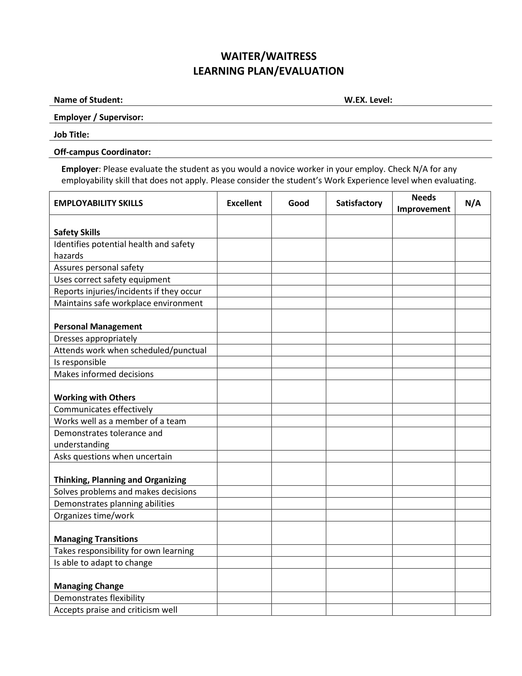 restaurant waiter evaluation form 1