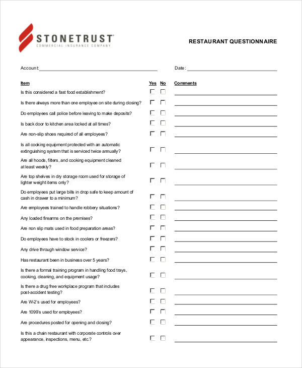 simple restaurant questionnaire form