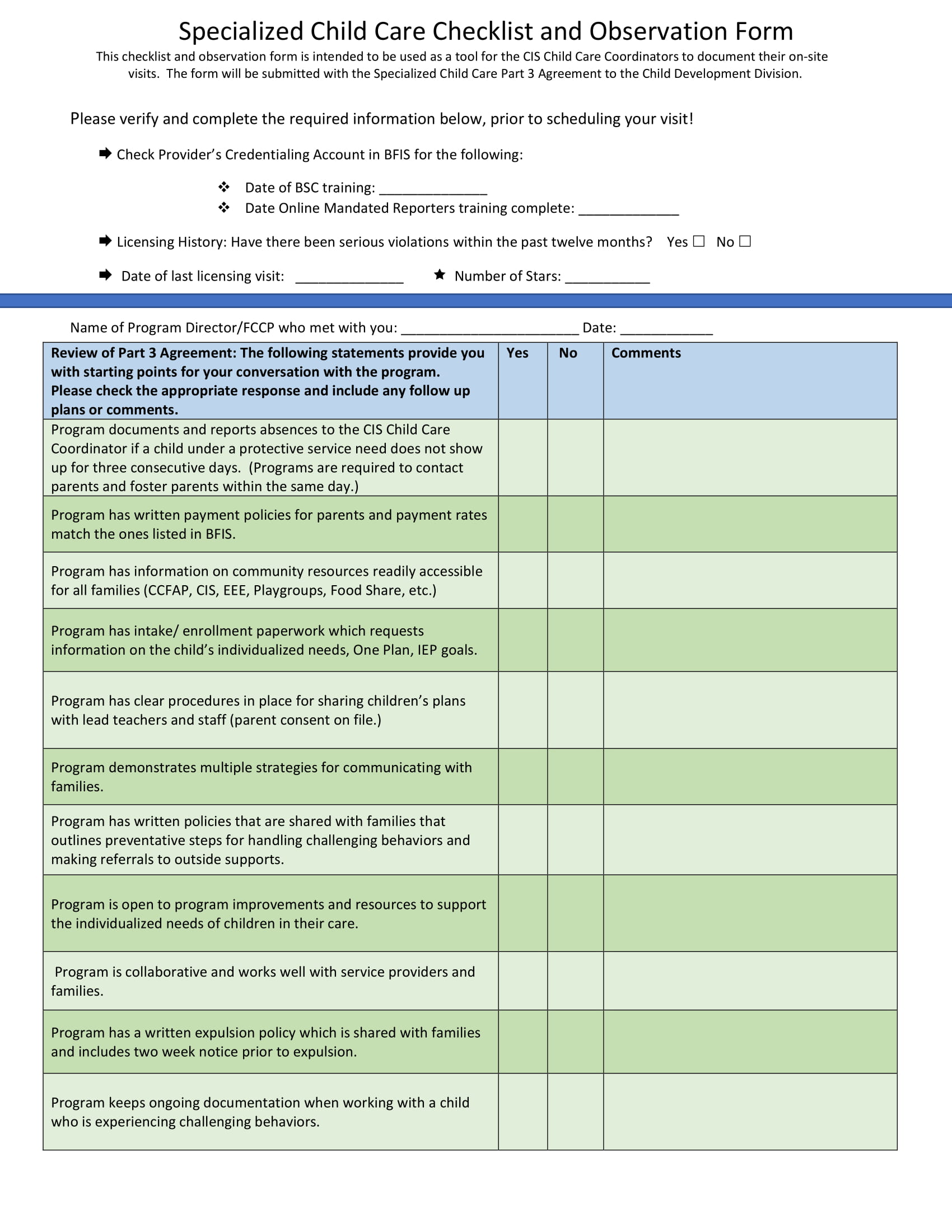 specialized child care checklist observation form 1