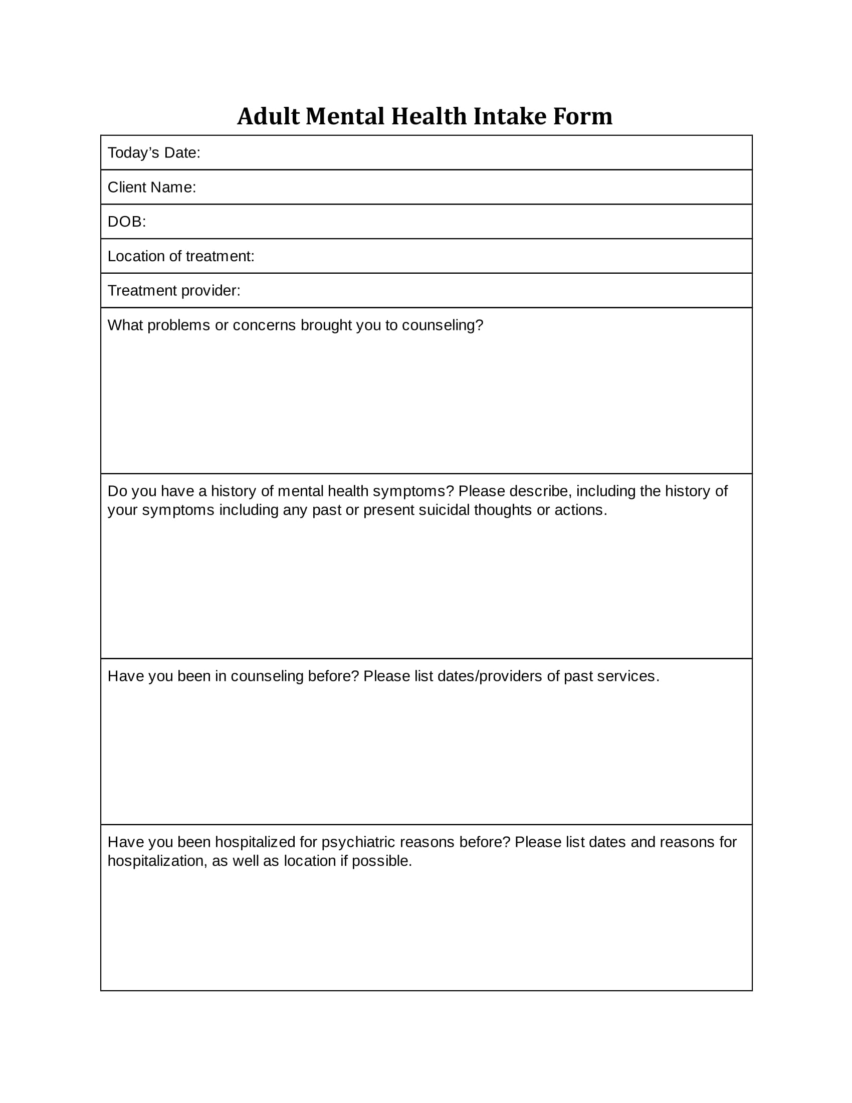 FREE 9 Mental Health Providers Intake Forms In PDF MS Word