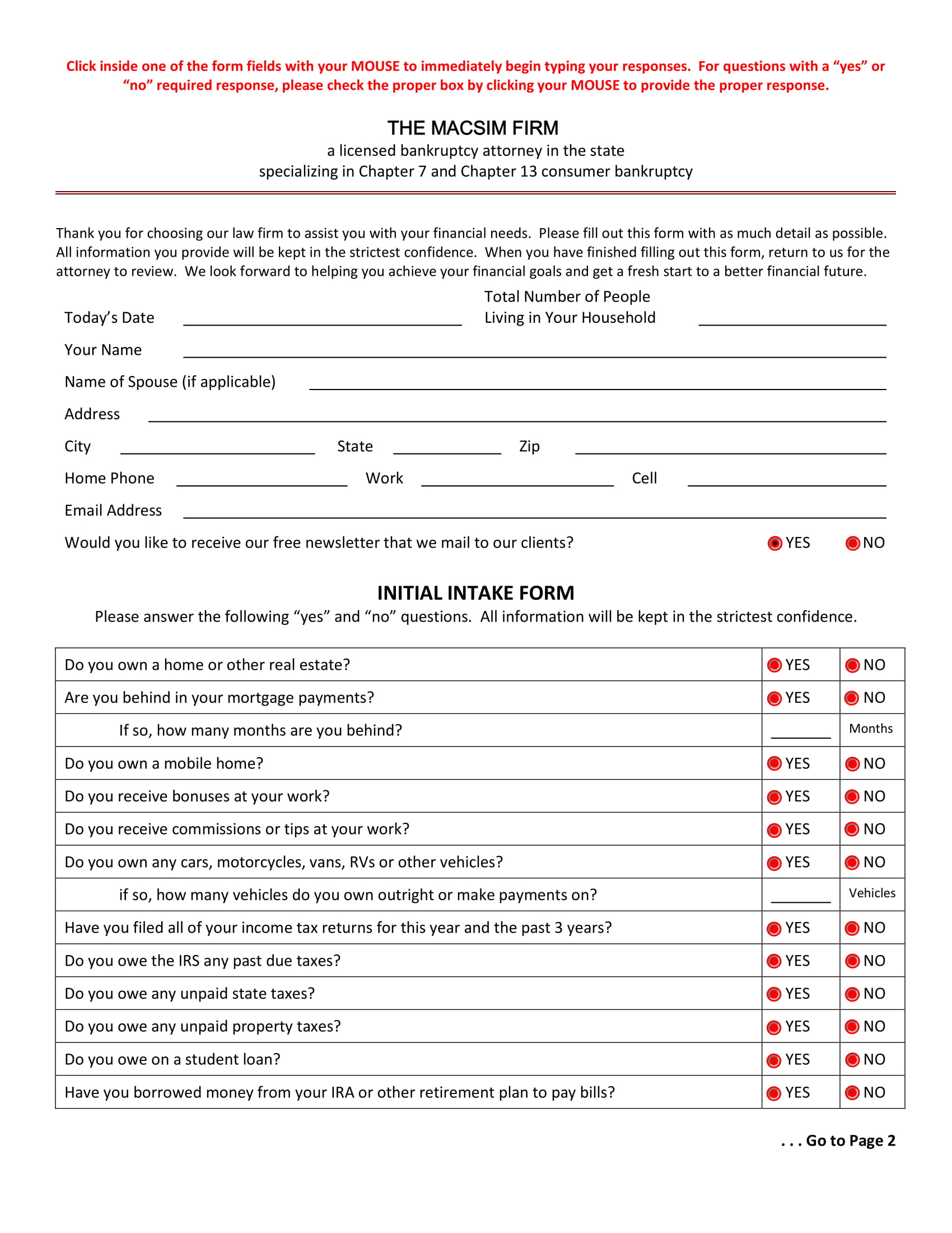 Free 5 Bankruptcy Intake Forms In Pdf Ms Word 0994