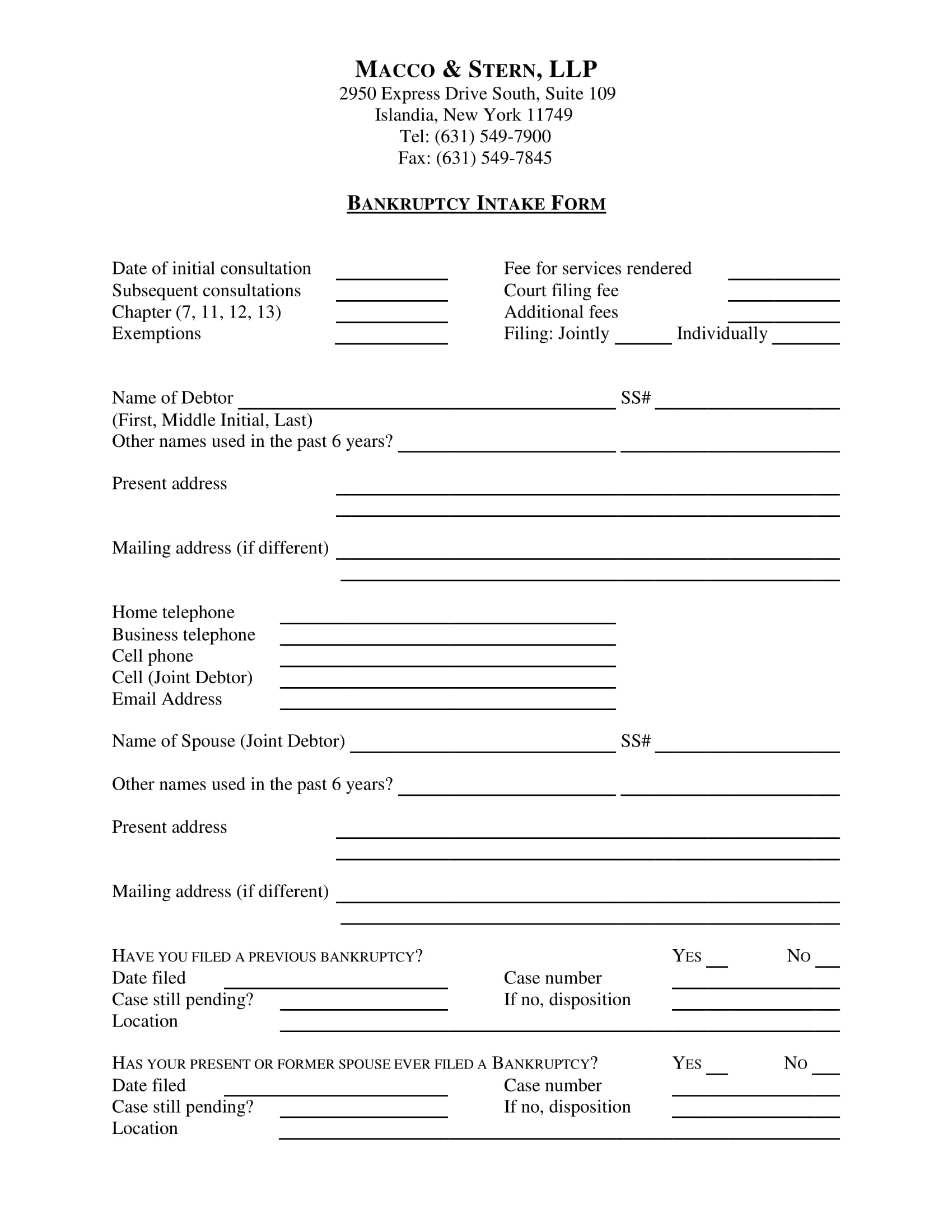 Free 5 Bankruptcy Intake Forms In Pdf Ms Word 0728