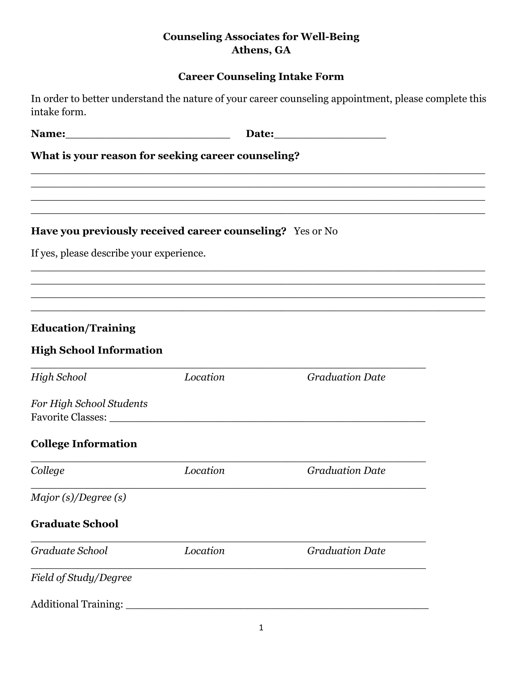 FREE 21 Counseling Intake Forms In PDF MS Word