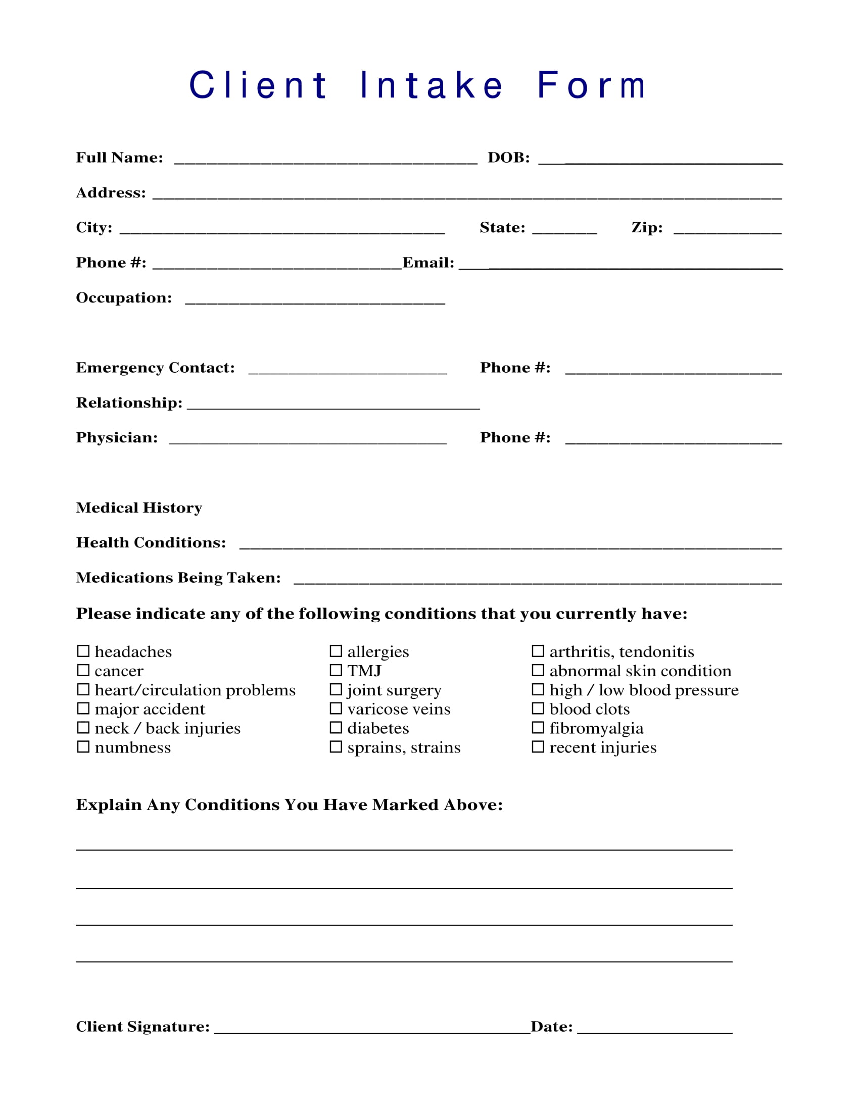 Printable Medical Intake Form Template