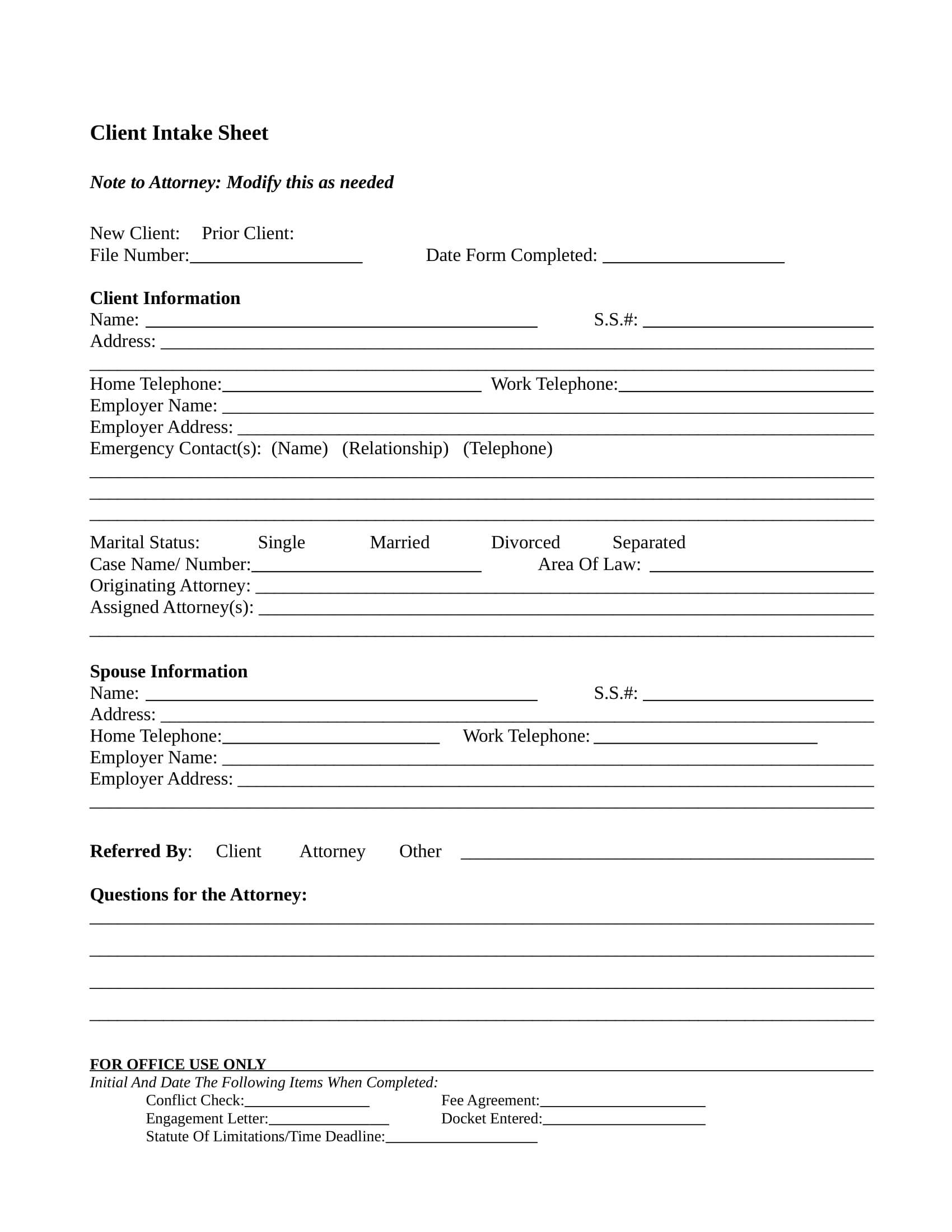 Tax Preparation Client Intake Form Template