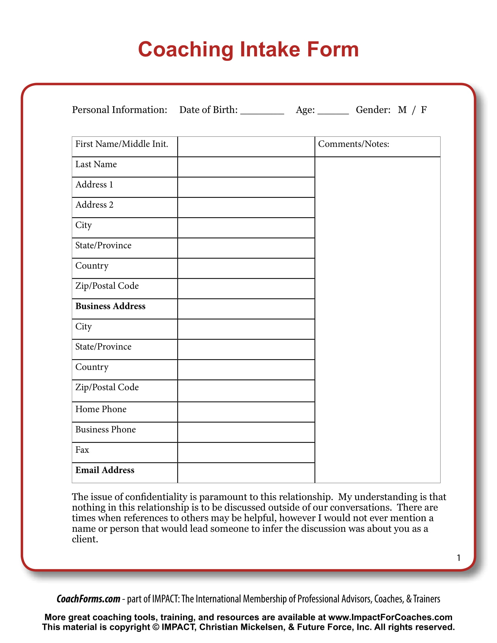 Coaching Intake Form Template Master of Documents