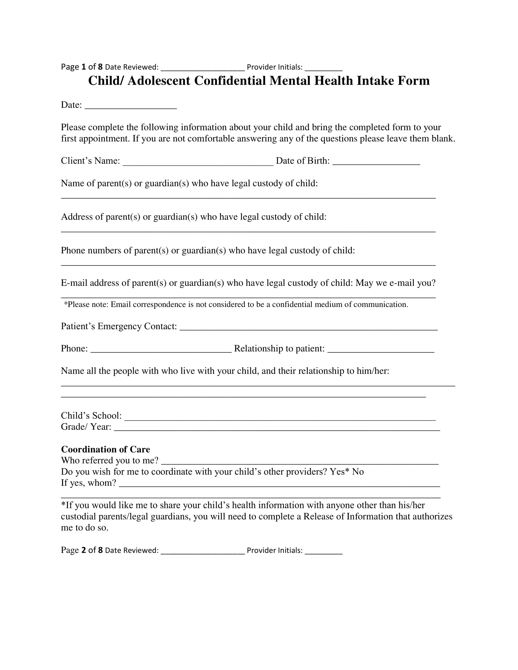 confidential mental health intake form 1
