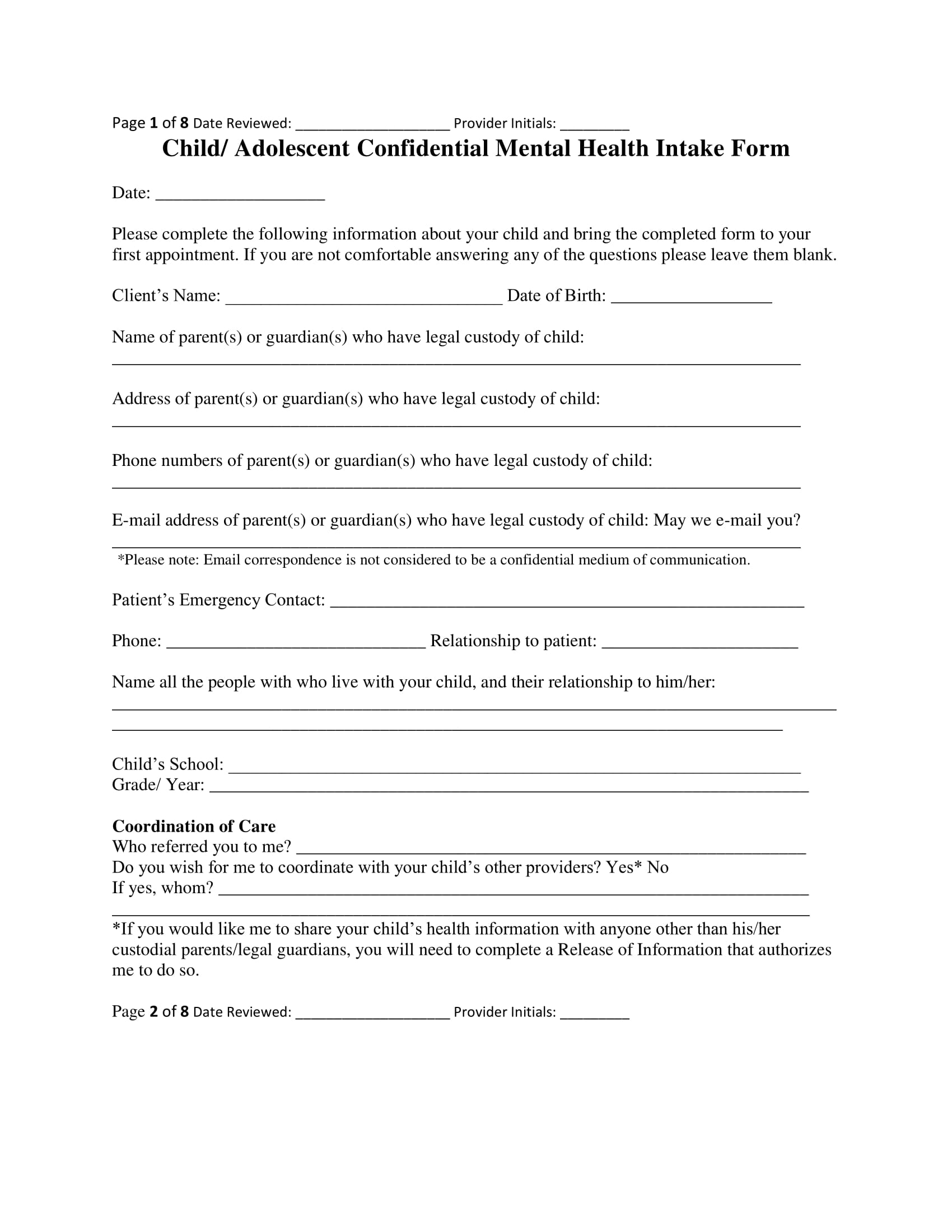 Printable Mental Health Intake Form Template Printable Templates