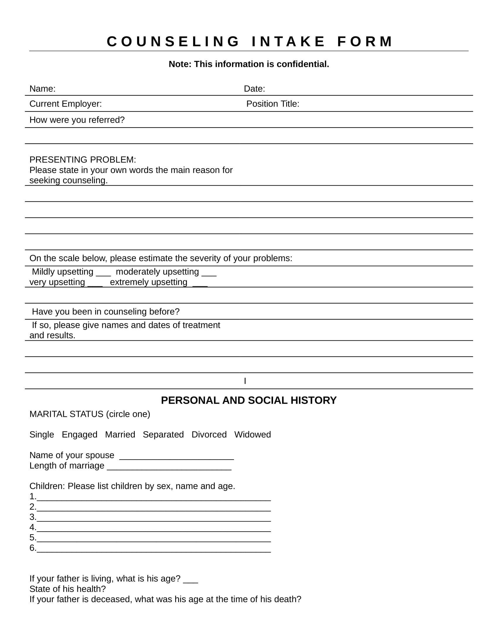 Counseling Client Printable Counselling Intake Form Template 