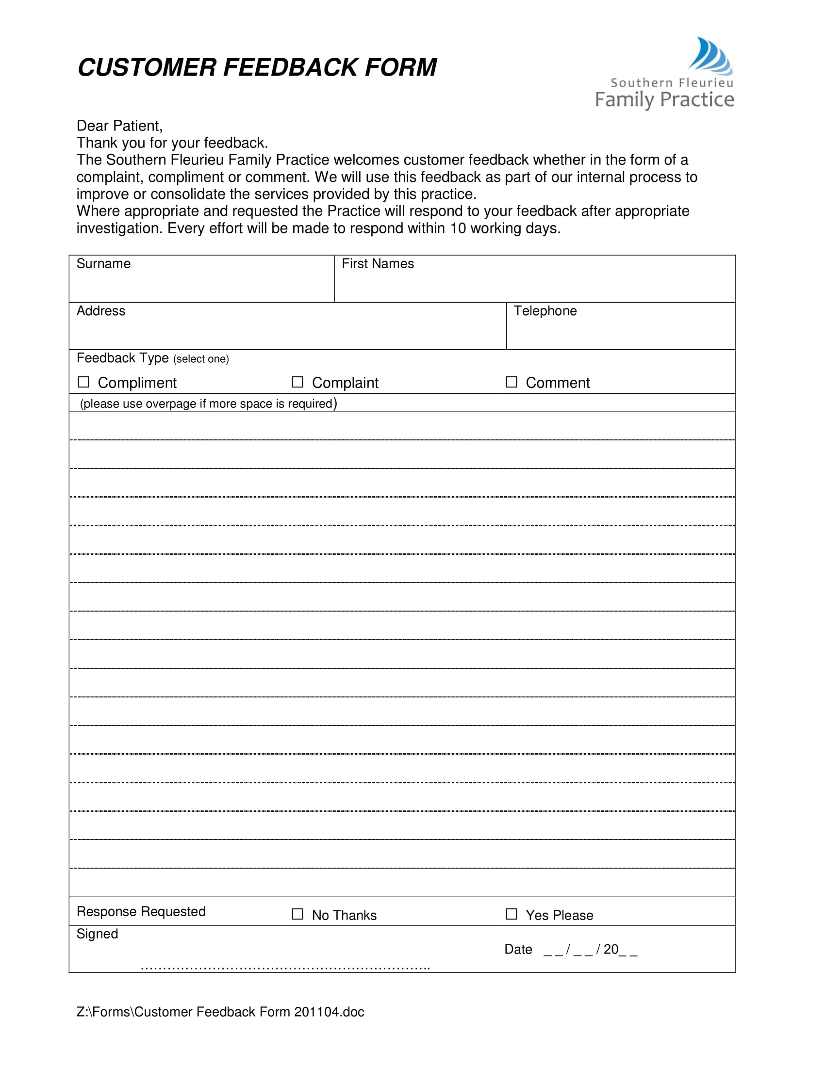 customer feedback form sample 1