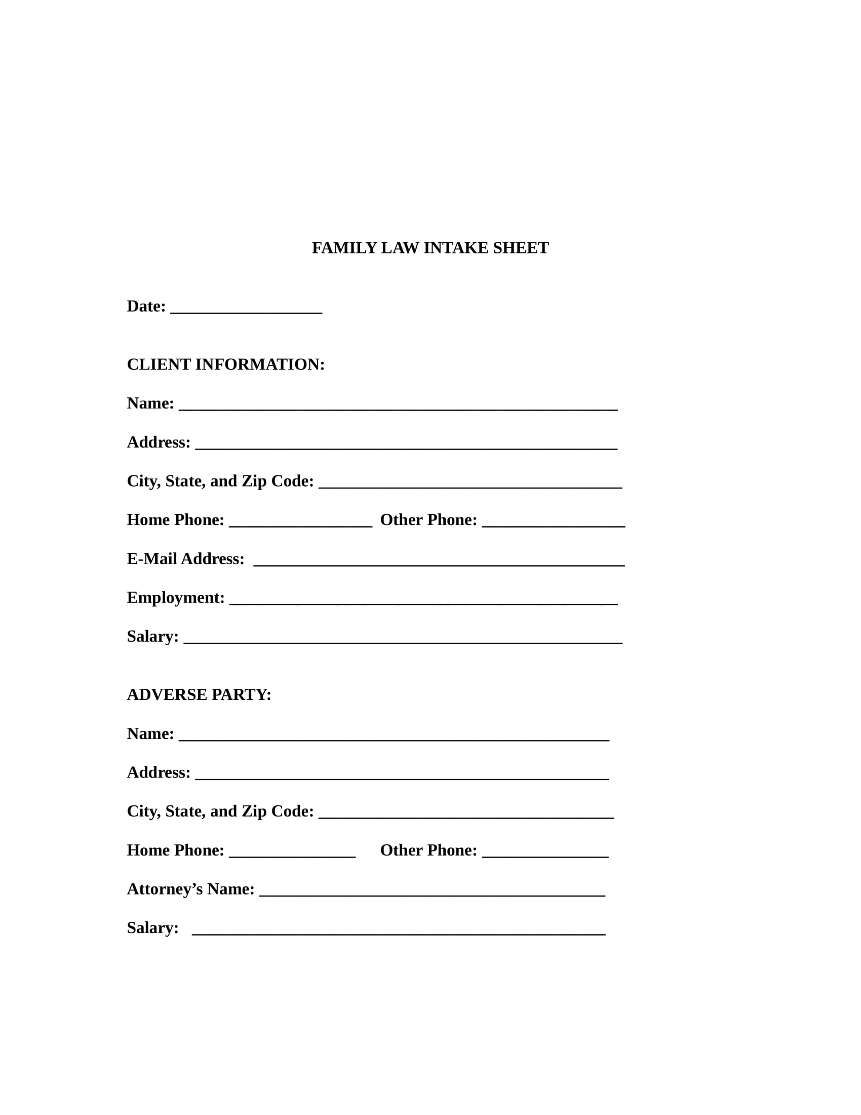 Law Office Legal Client Intake Form Printable Legal Client Intake 
