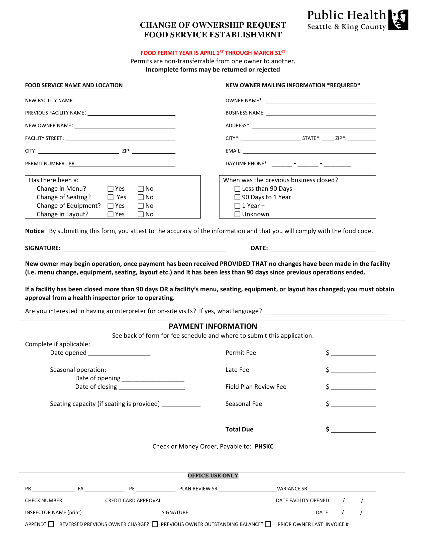 food service establishment change of ownership request form 1