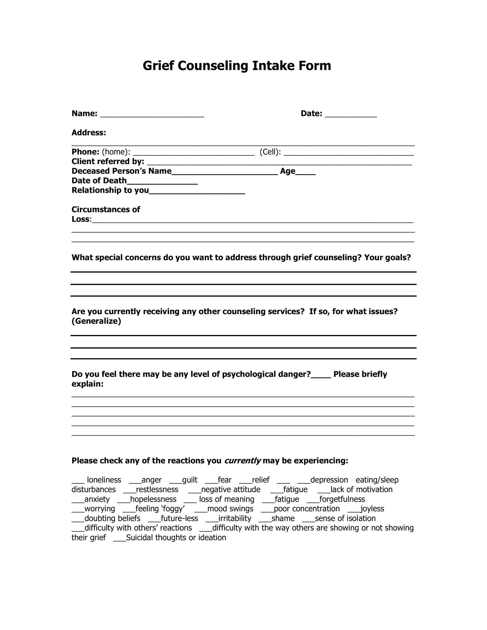 Free Counseling Intake Form Template