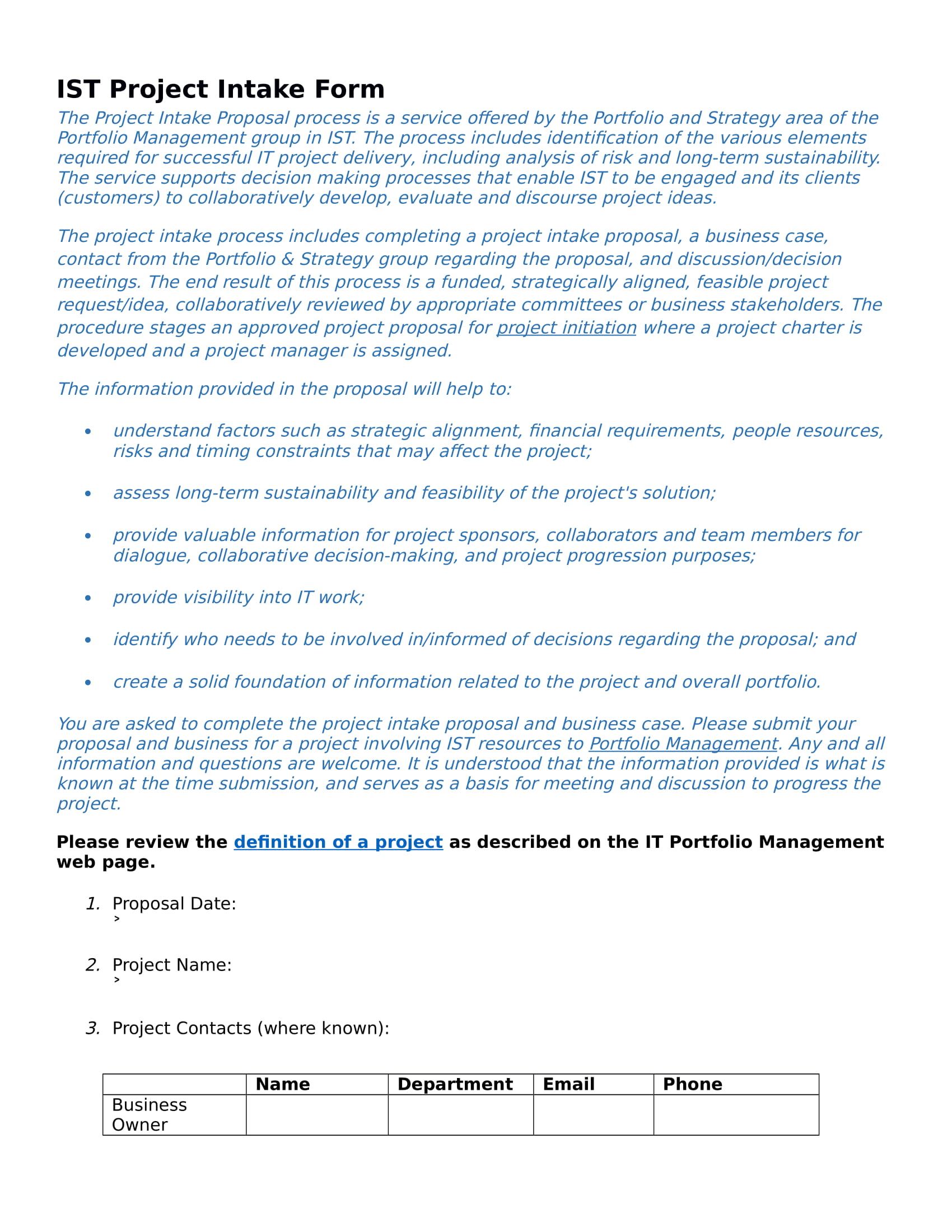 Project Intake Form Template Excel