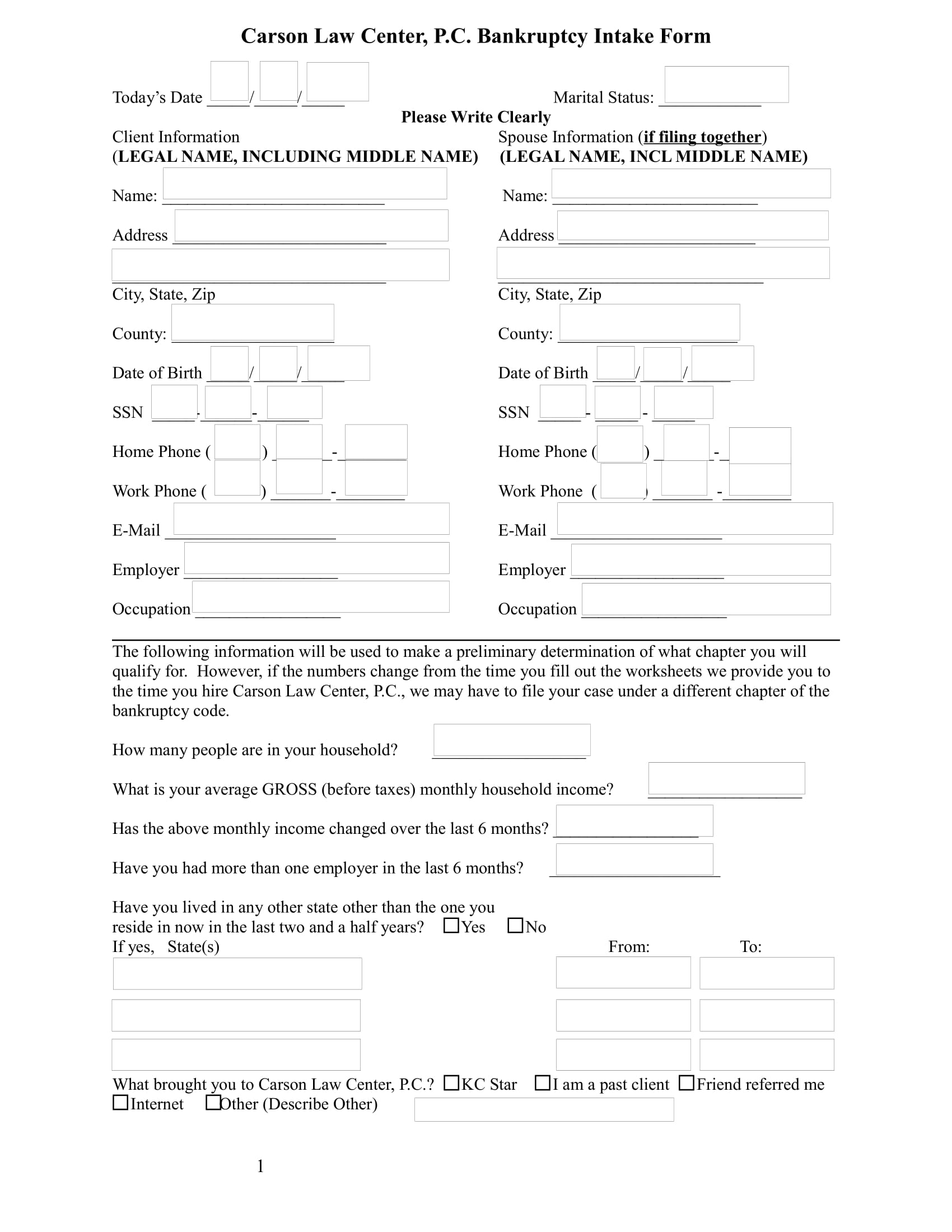 law center bankruptcy intake form 1