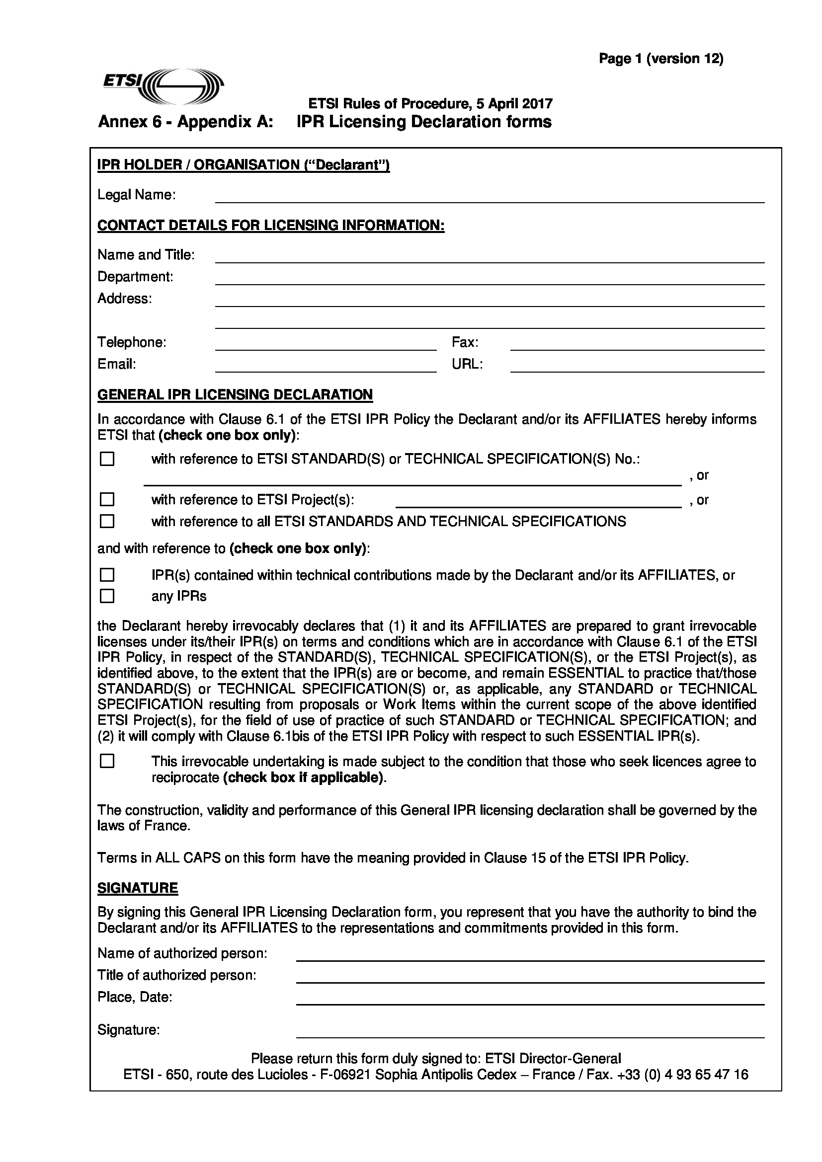 licensing declaration form 1