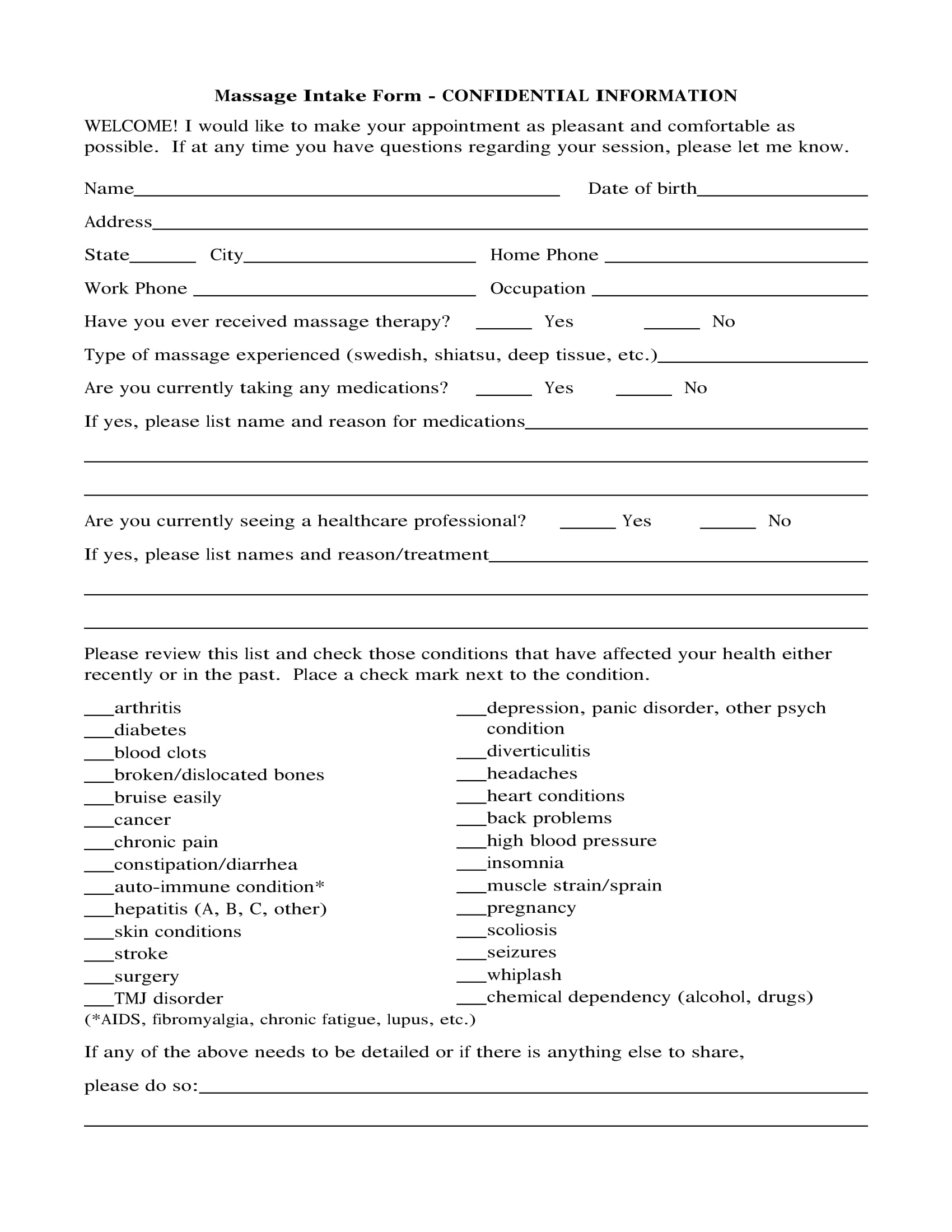 Free Massage Therapy Intake Forms