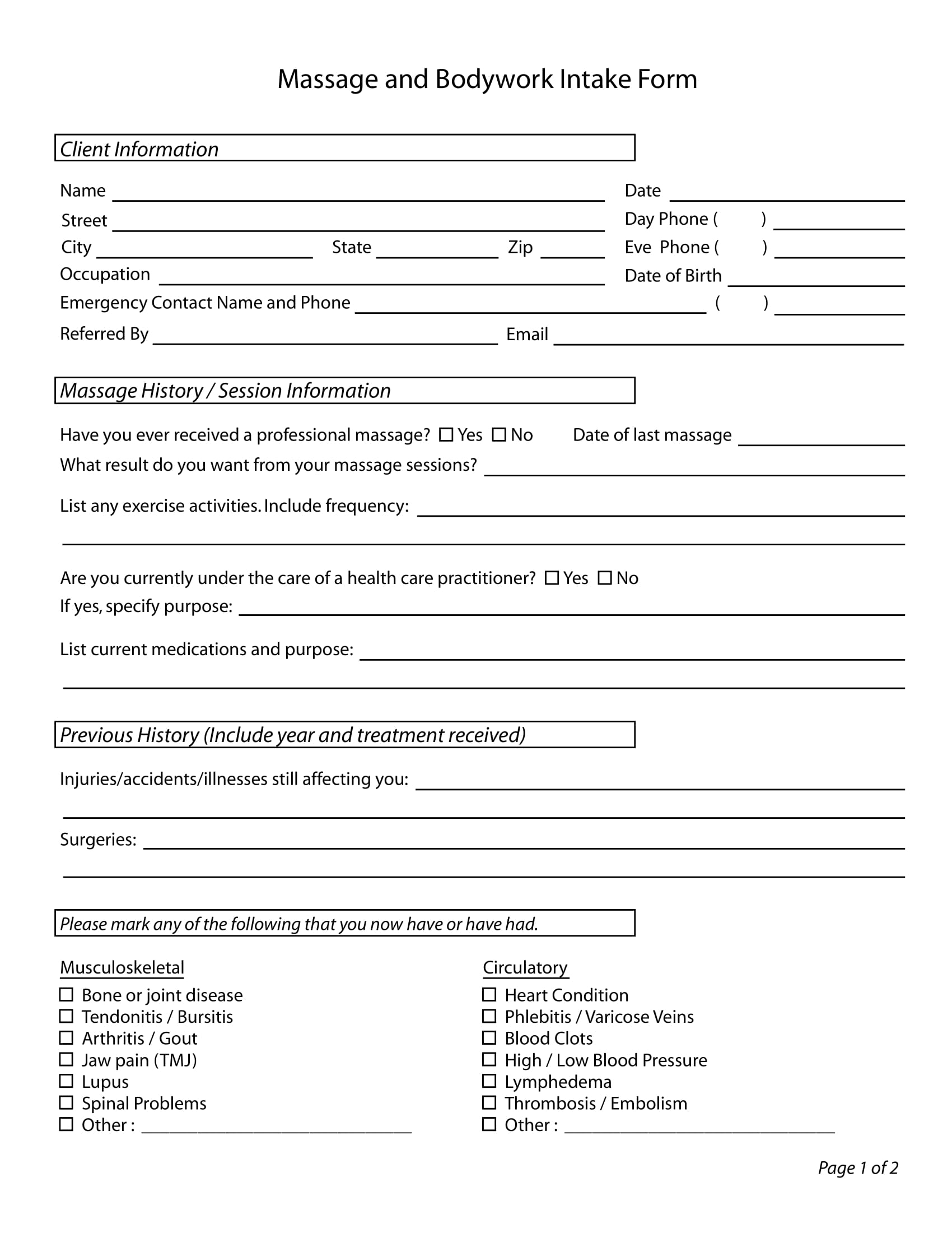 Free Massage Client Intake Form Template PRINTABLE TEMPLATES