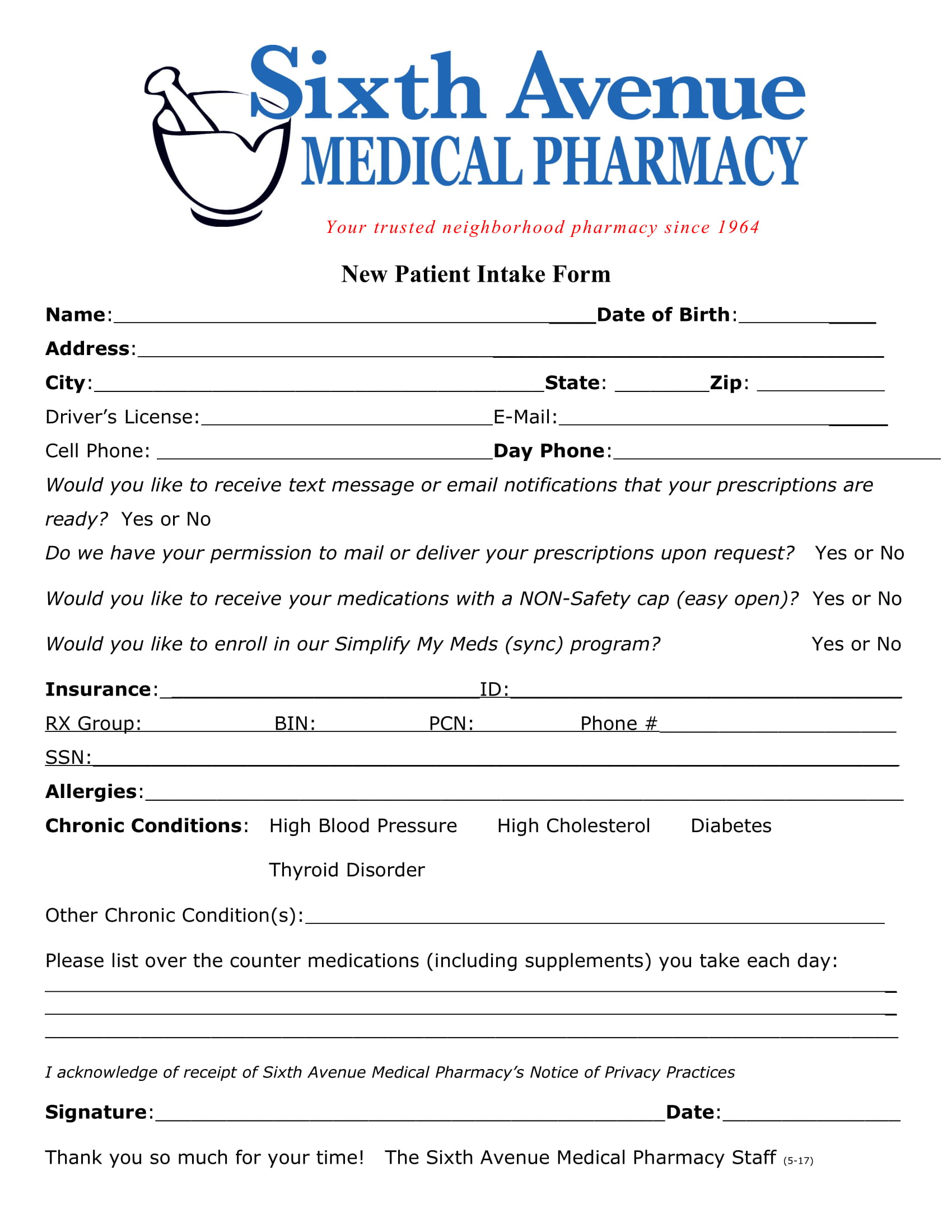 Printable Patient Intake Form 