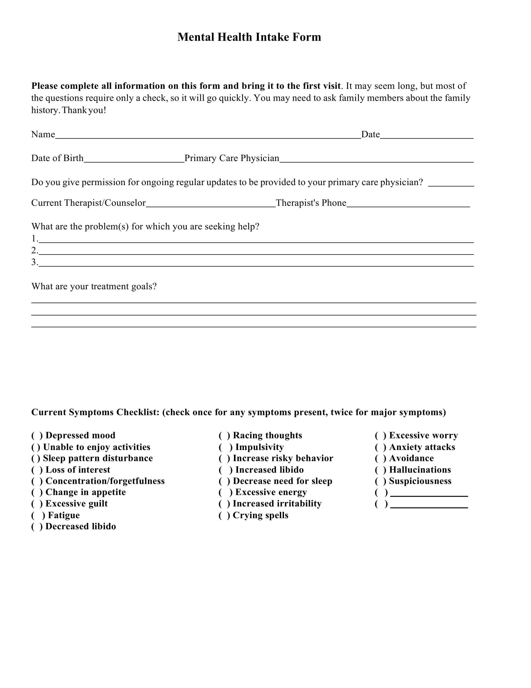 Printable Mental Health Intake Form Template