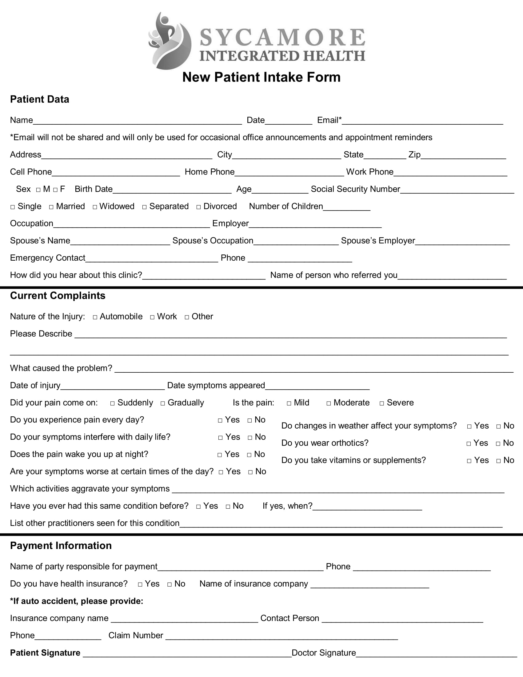 Medical Patient Intake Form Template