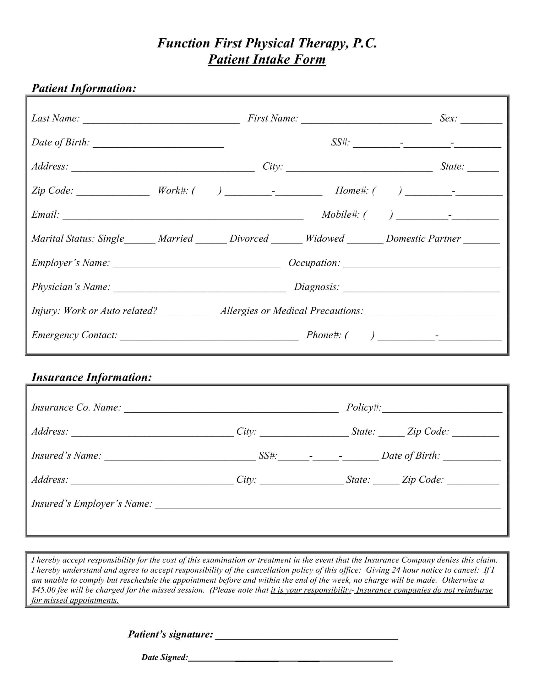 Free 5 Physical Therapy Intake Forms In Pdf Ms Word