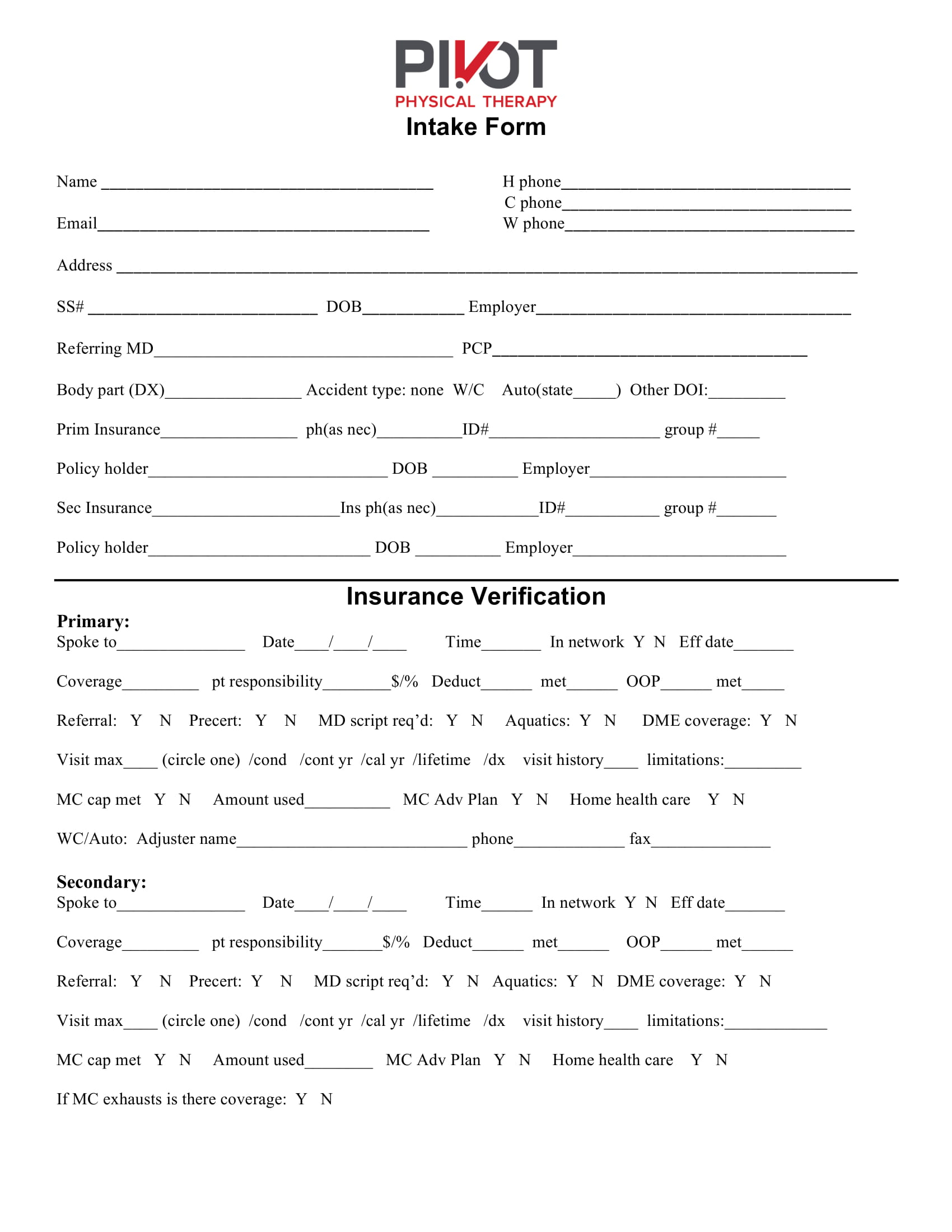 Free 5 Physical Therapy Intake Forms In Pdf Ms Word