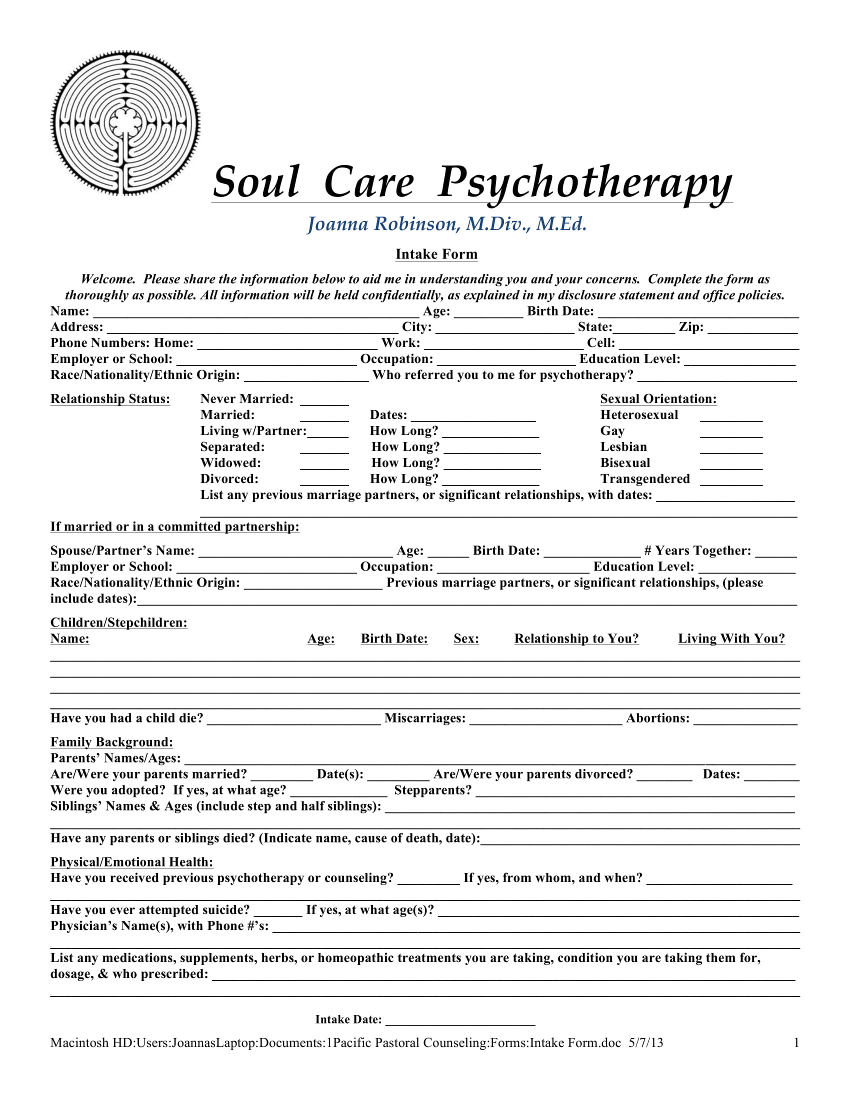 FREE 4+ Psychotherapy Intake Forms in PDF