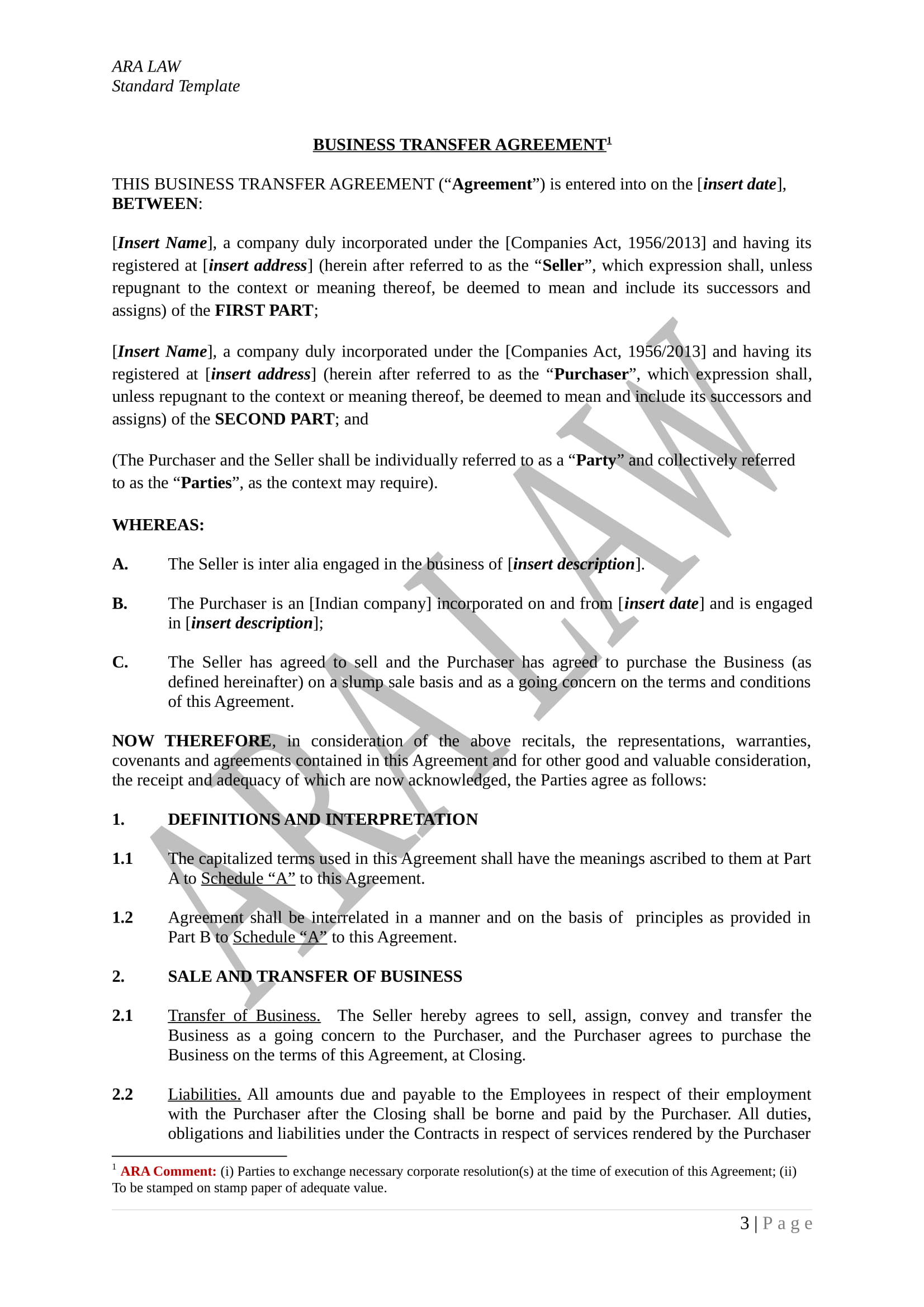 Transfer Of Ownership Agreement Template