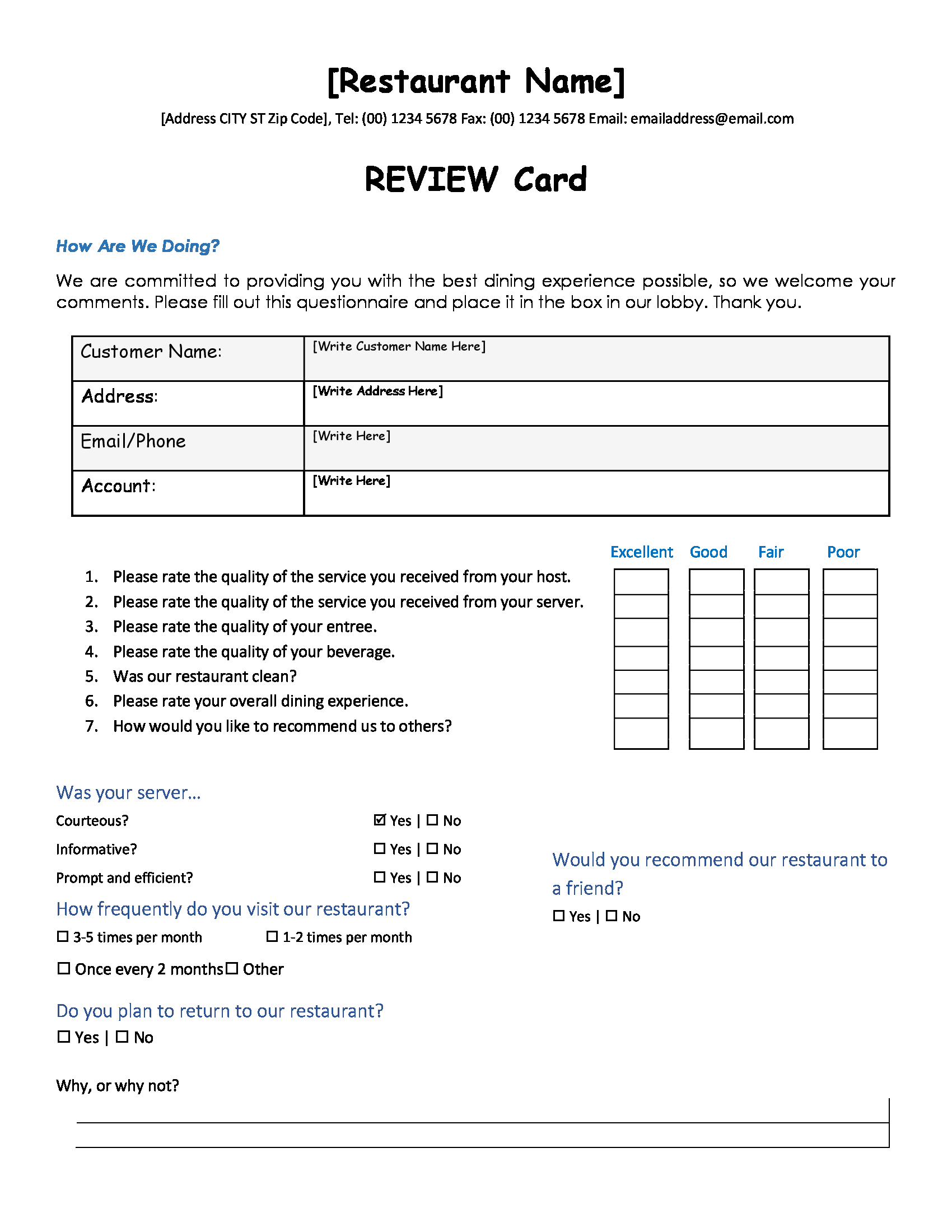 restaurant customer review form 1