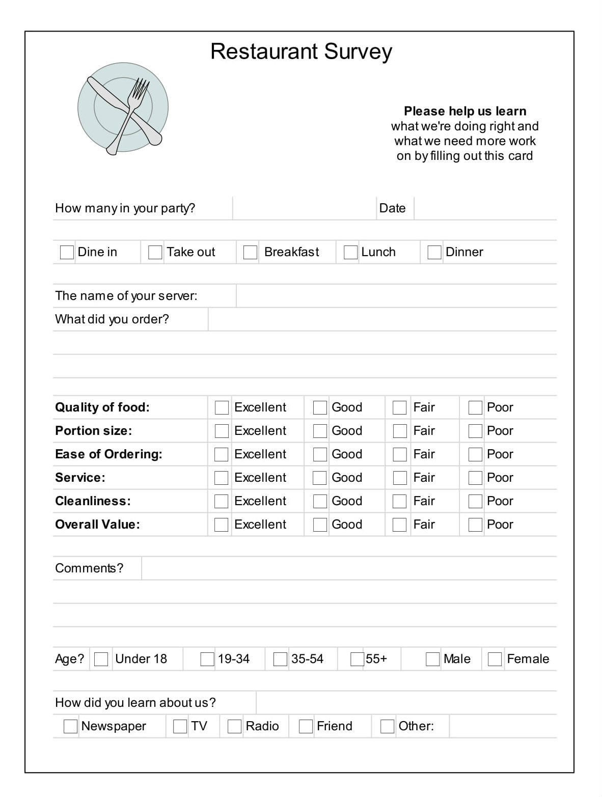 FREE 6  Sample Restaurant Survey Forms in PDF