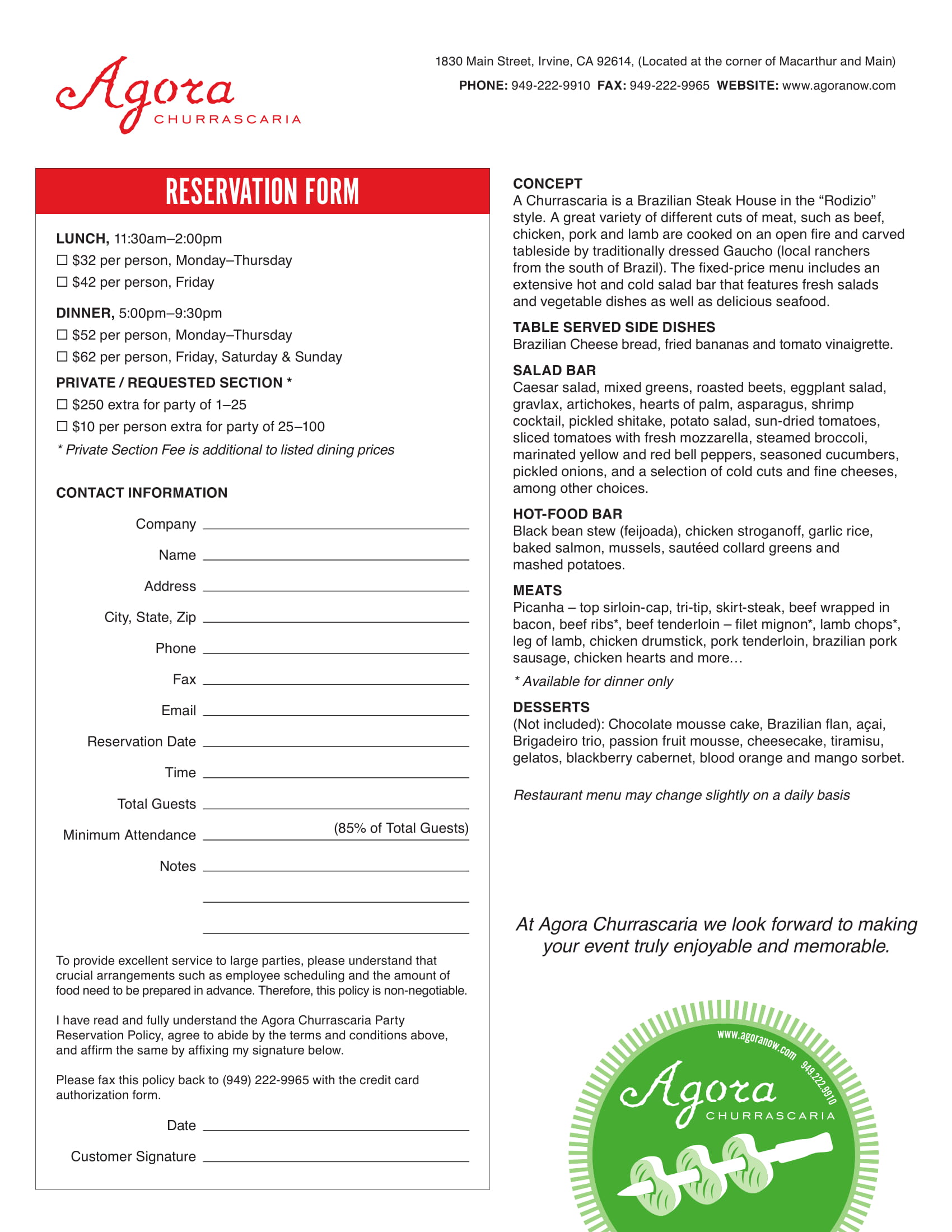 restaurant reservation form in pdf 1