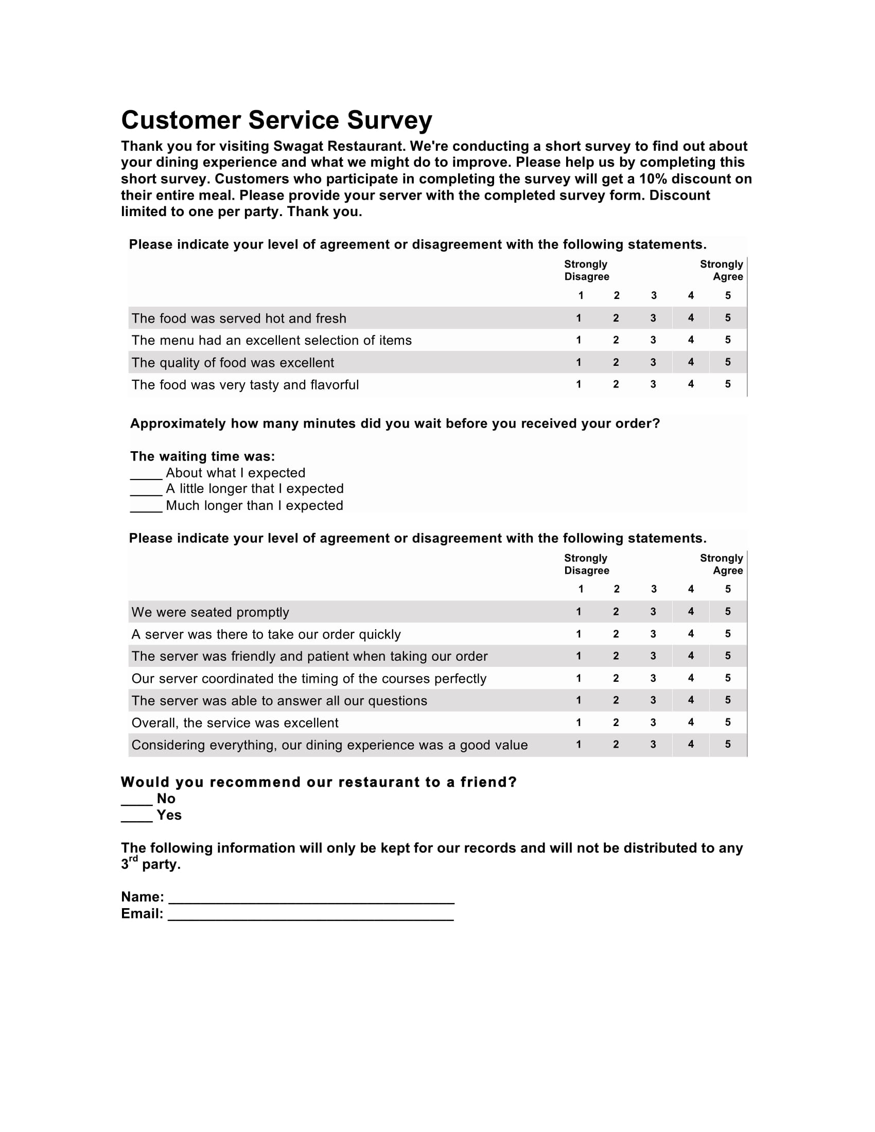 restaurant target marketing survey form sample 1