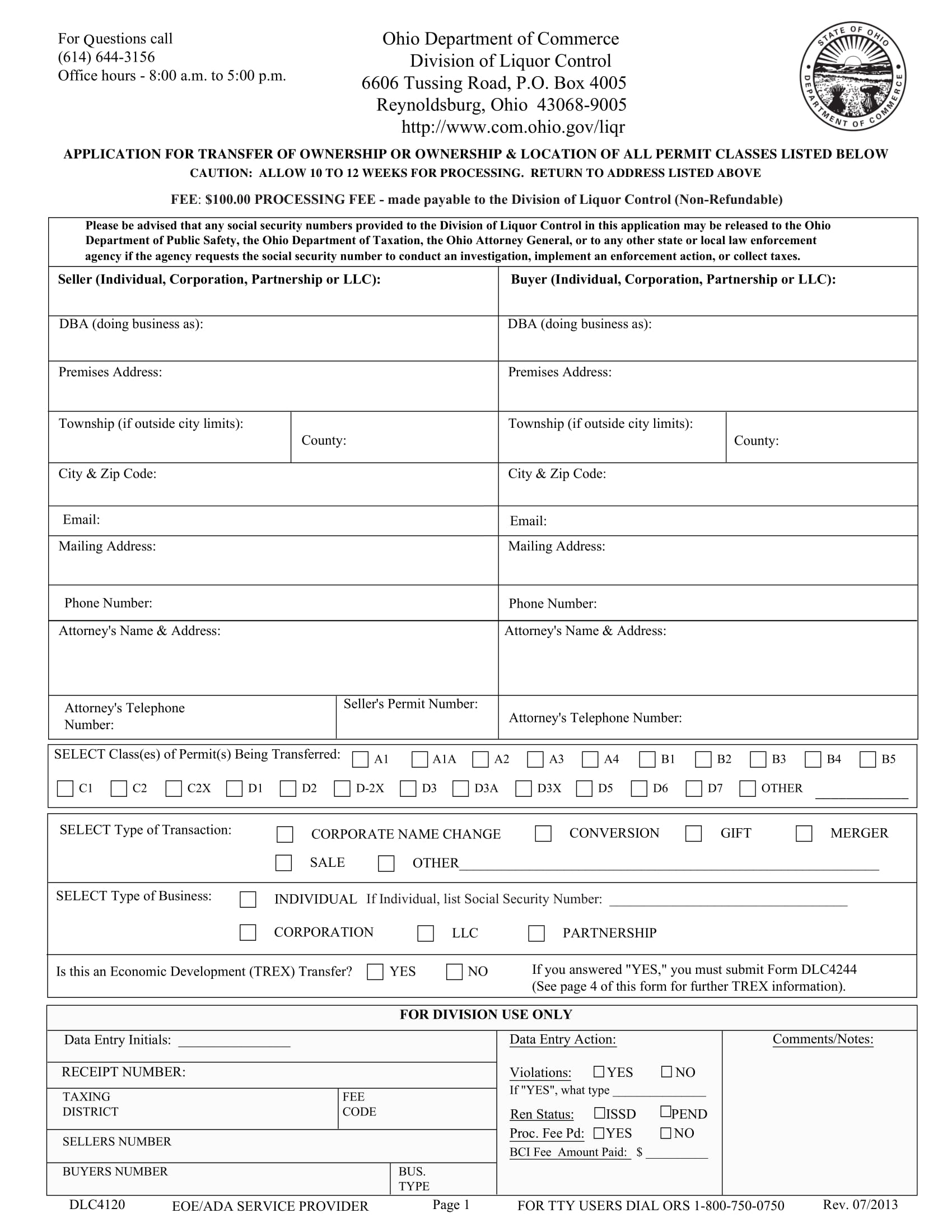 restaurant transfer of ownership application form sample 3