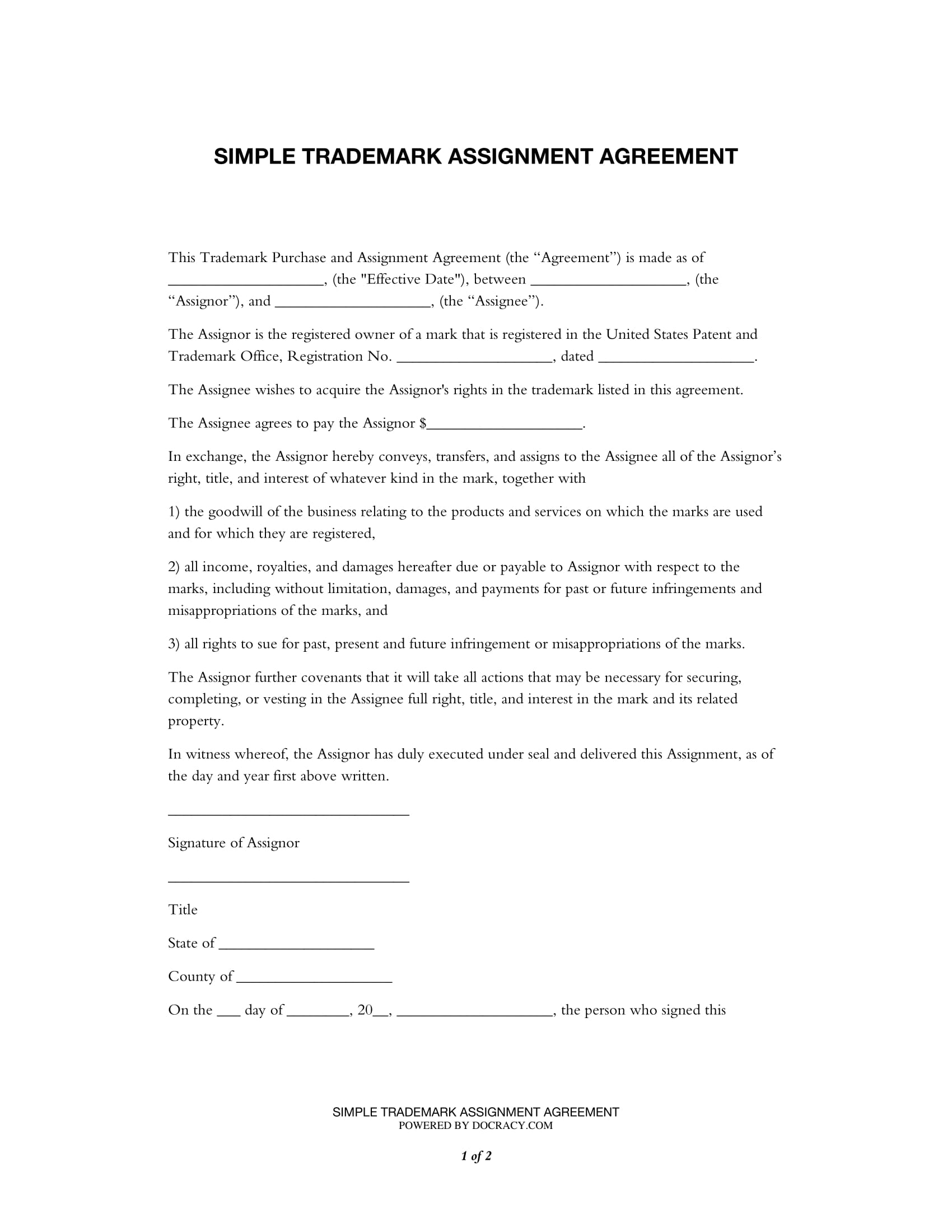 fee for assignment of trademark
