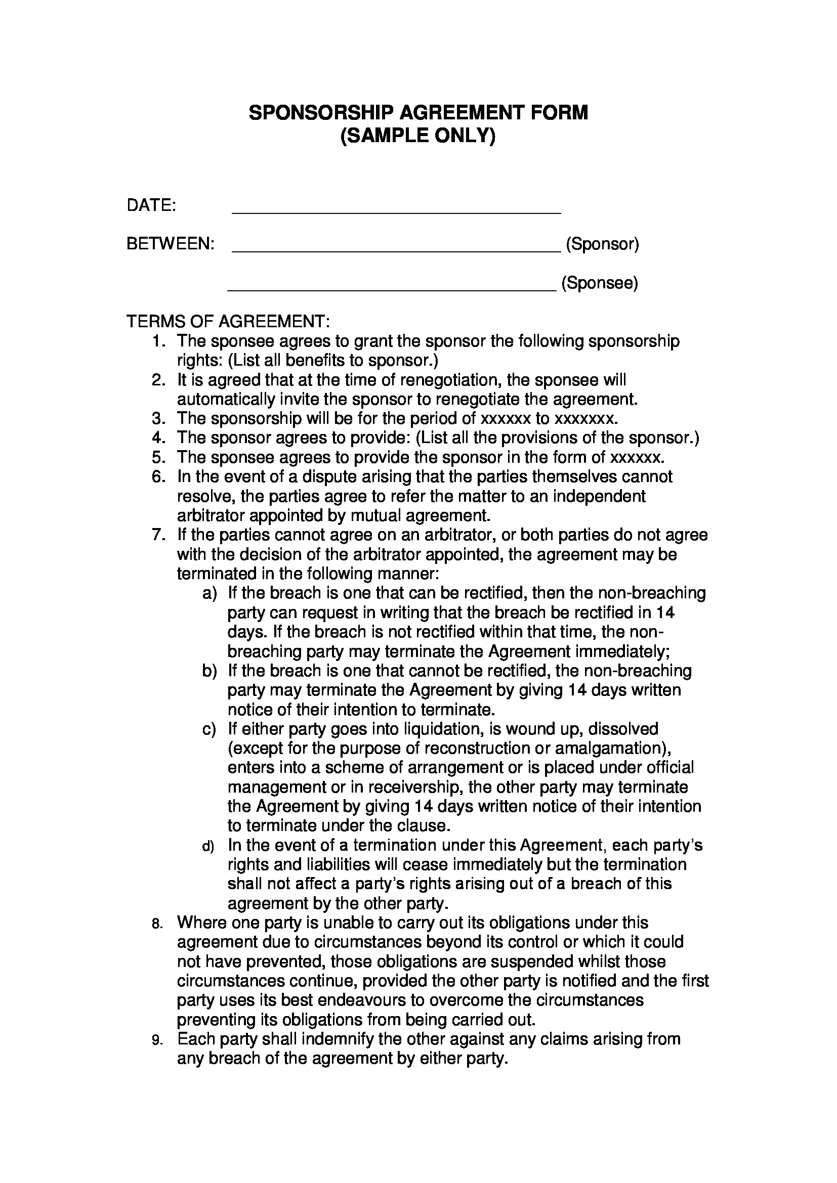 sponsorship agreement form 1
